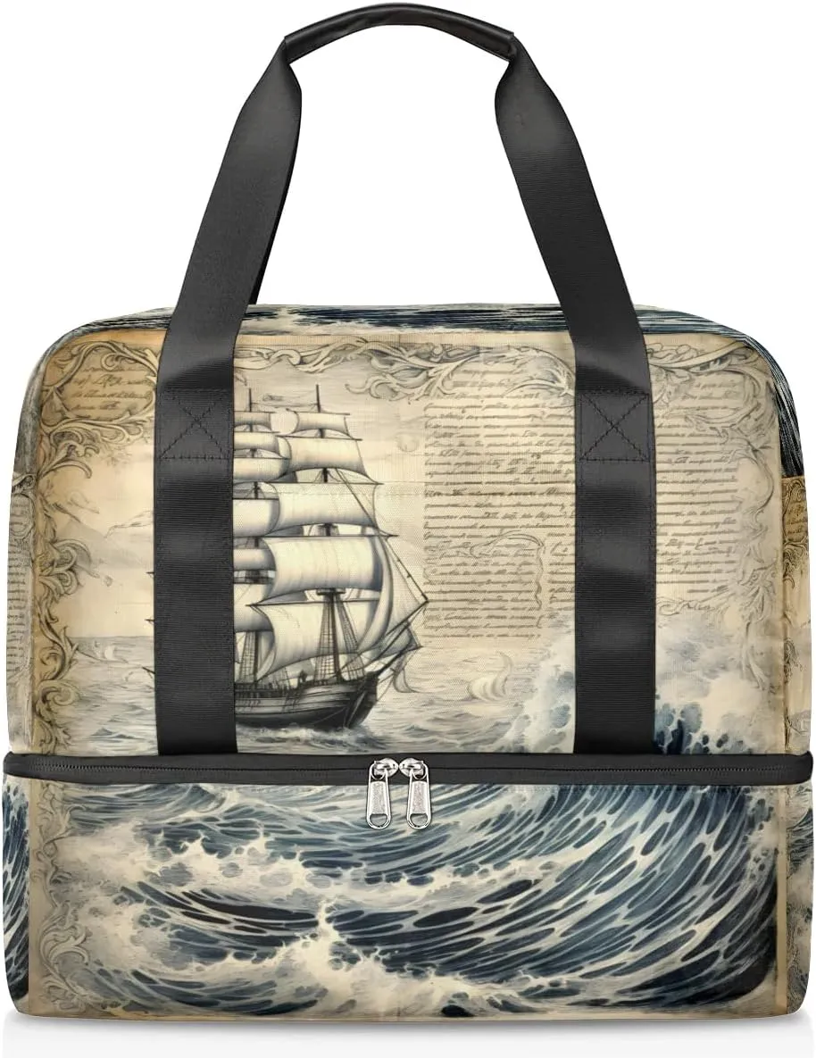 Travel Duffel Bags Retro Newspaper Sailboat Sports Gym Bag with Wet Pocket & Shoes Compartment Large Duffel Bags Waterproof Overnight Bag Weekender Bags for Women Men