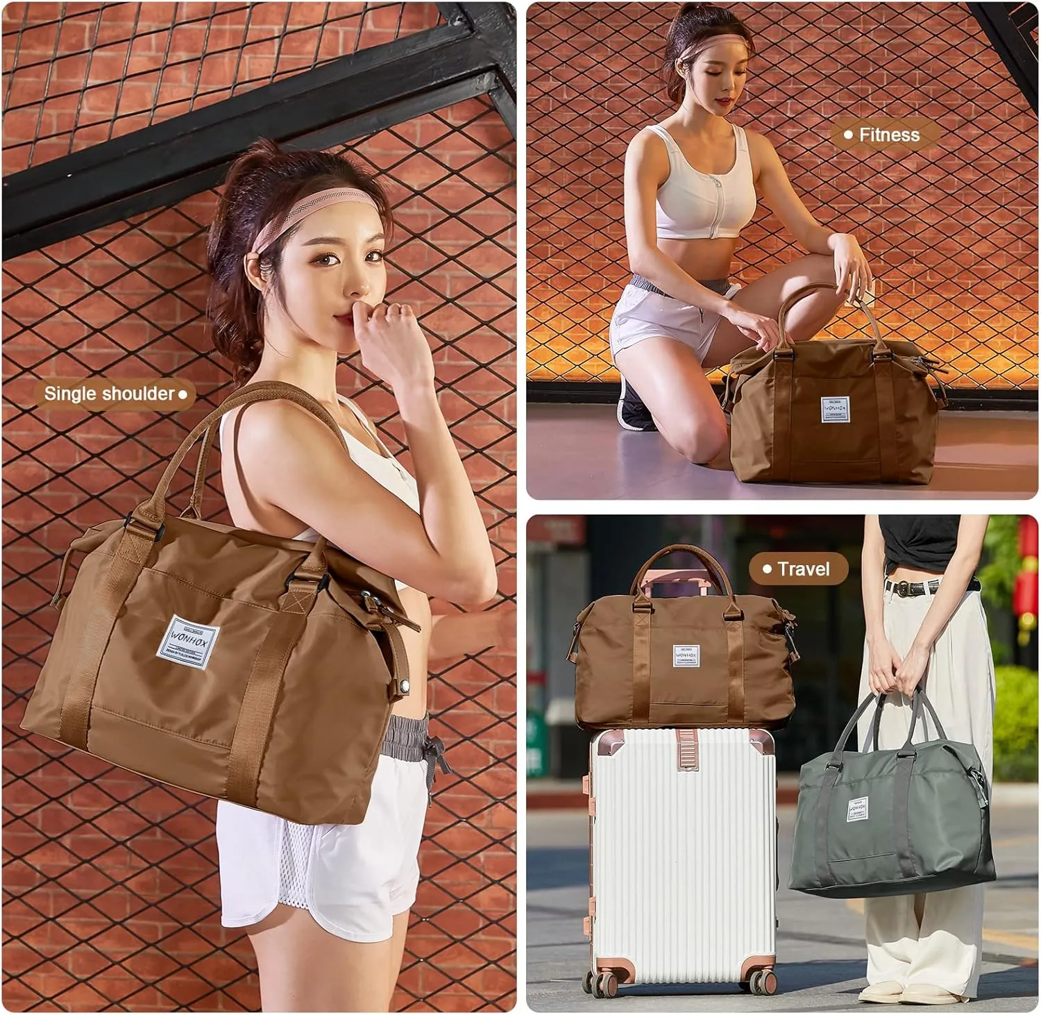 Travel Duffel Bag,Waterproof Duffel Gym Tote Bag Personal Item Bag,Large Sports Weekender Carry On Overnight Bags for Women with Wet Pocket,Duffel Hospital Bag, Champagne Brown