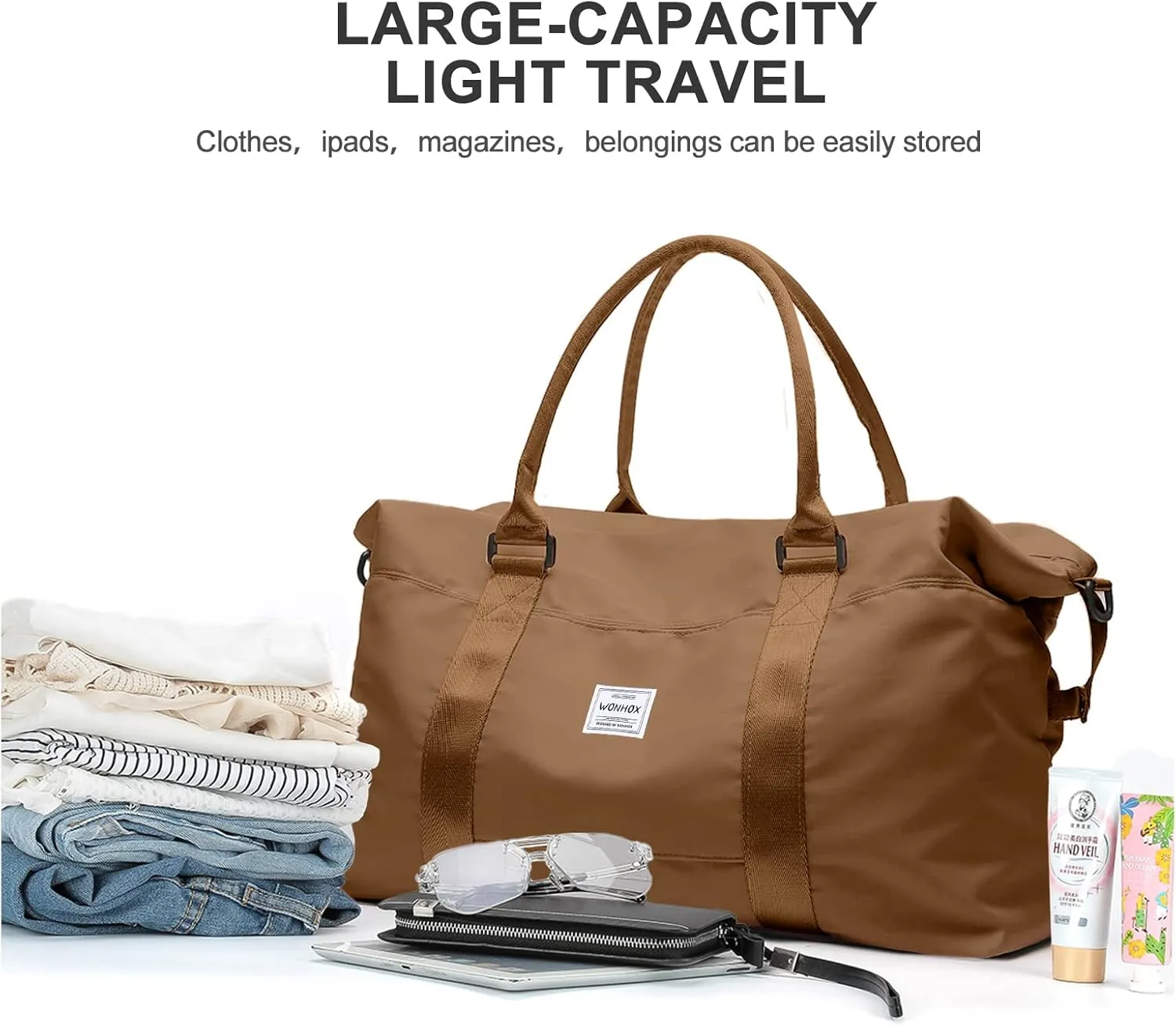 Travel Duffel Bag,Waterproof Duffel Gym Tote Bag Personal Item Bag,Large Sports Weekender Carry On Overnight Bags for Women with Wet Pocket,Duffel Hospital Bag, Champagne Brown
