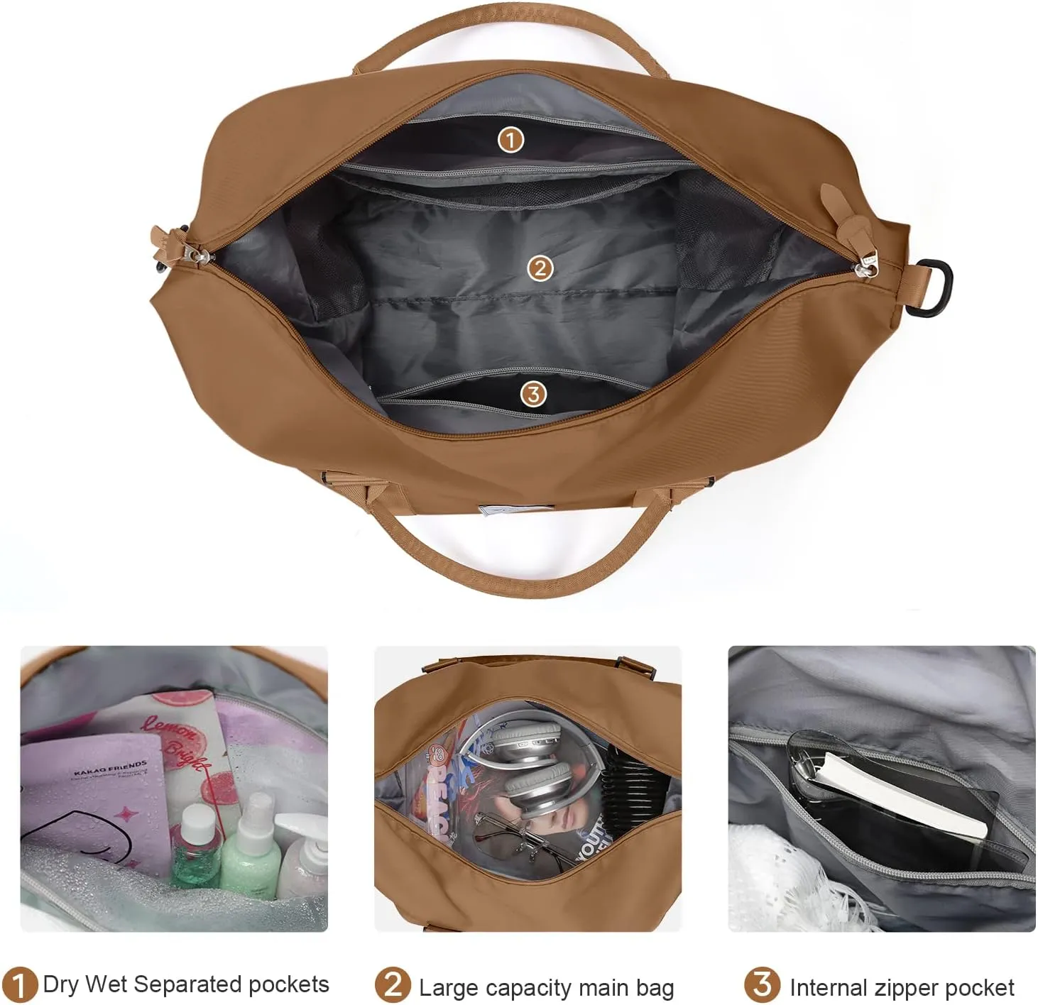Travel Duffel Bag,Waterproof Duffel Gym Tote Bag Personal Item Bag,Large Sports Weekender Carry On Overnight Bags for Women with Wet Pocket,Duffel Hospital Bag, Champagne Brown