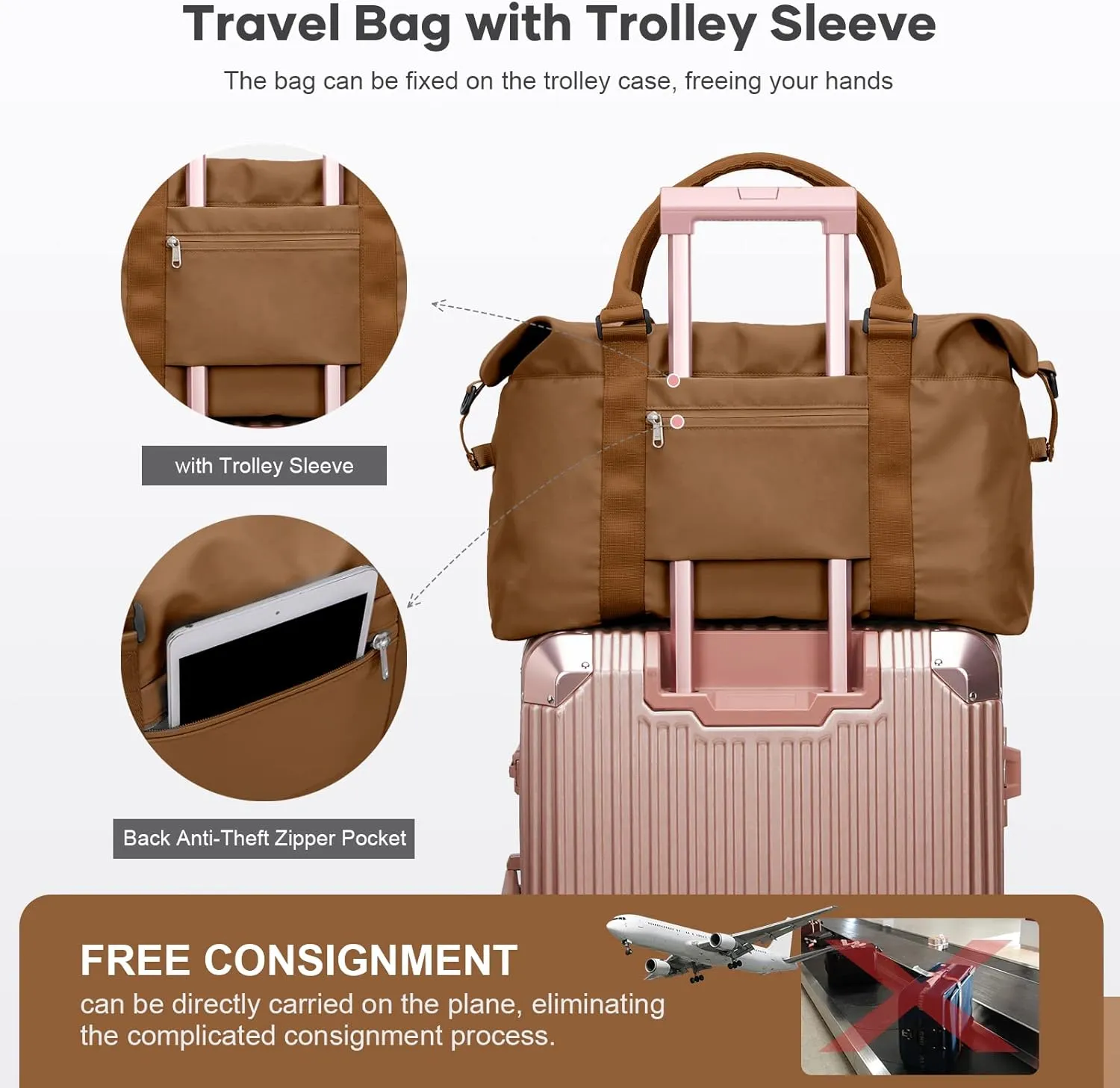 Travel Duffel Bag,Waterproof Duffel Gym Tote Bag Personal Item Bag,Large Sports Weekender Carry On Overnight Bags for Women with Wet Pocket,Duffel Hospital Bag, Champagne Brown