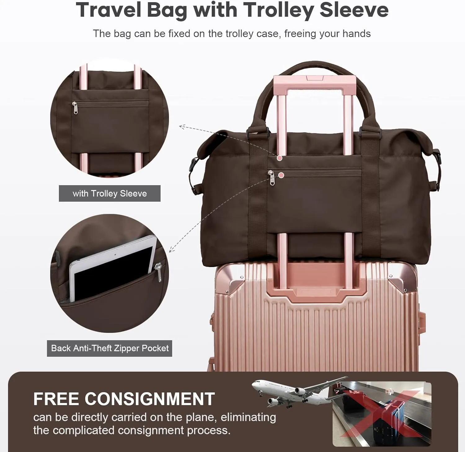 Travel Duffel Bag,Waterproof Duffel Gym Tote Bag Personal Item Bag,Large Sports Weekender Carry On Overnight Bags for Women with Wet Pocket,Duffel Hospital Bag, CoffeeBrown