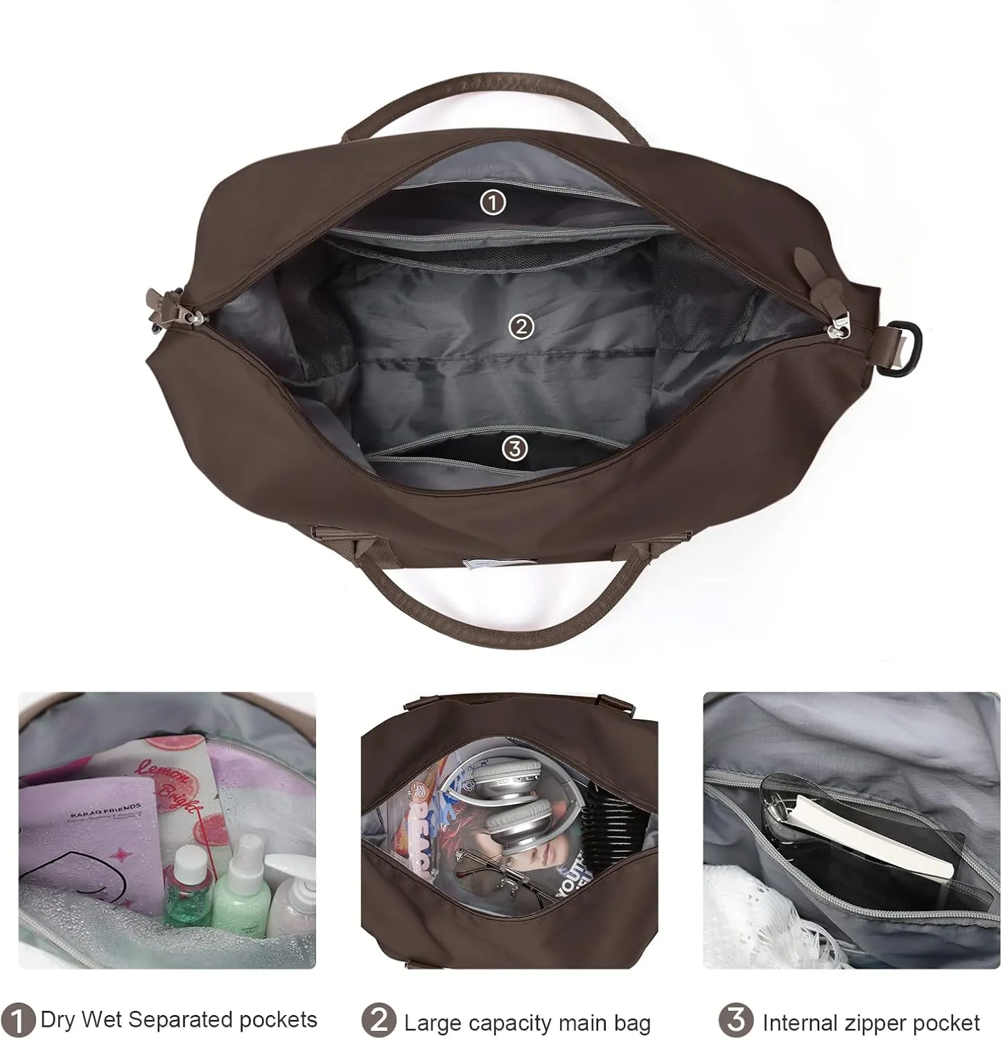 Travel Duffel Bag,Waterproof Duffel Gym Tote Bag Personal Item Bag,Large Sports Weekender Carry On Overnight Bags for Women with Wet Pocket,Duffel Hospital Bag, CoffeeBrown