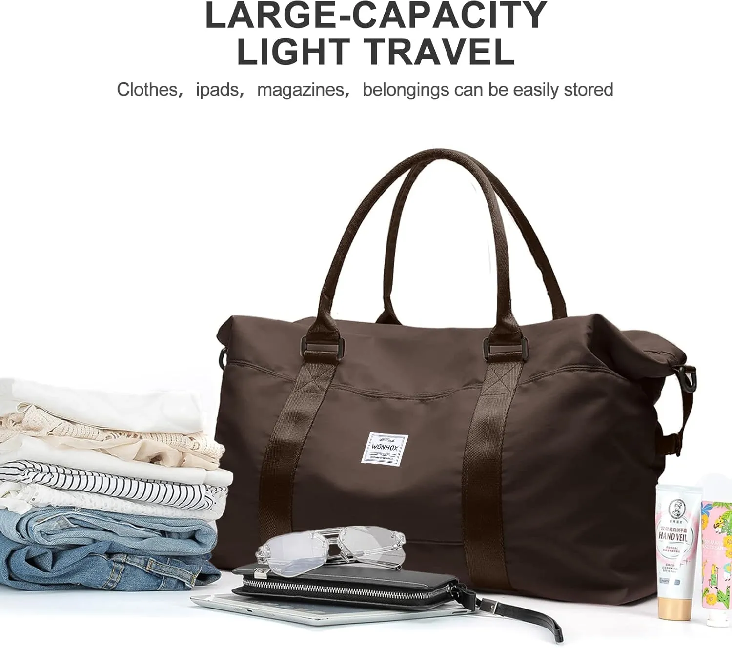 Travel Duffel Bag,Waterproof Duffel Gym Tote Bag Personal Item Bag,Large Sports Weekender Carry On Overnight Bags for Women with Wet Pocket,Duffel Hospital Bag, CoffeeBrown
