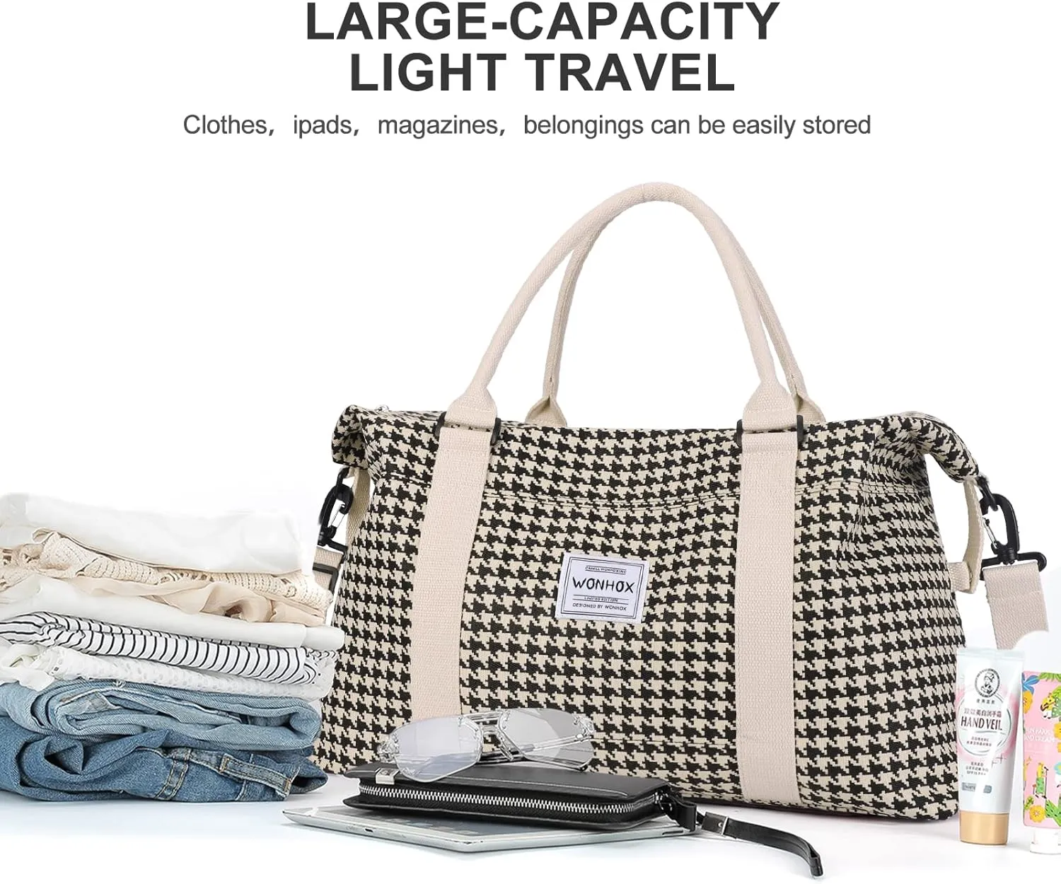 Travel Duffel Bag,Waterproof Duffel Gym Tote Bag Personal Item Bag,Large Sports Weekender Carry On Overnight Bags for Women with Wet Pocket,Duffel Hospital Bag,Houndstooth Beige
