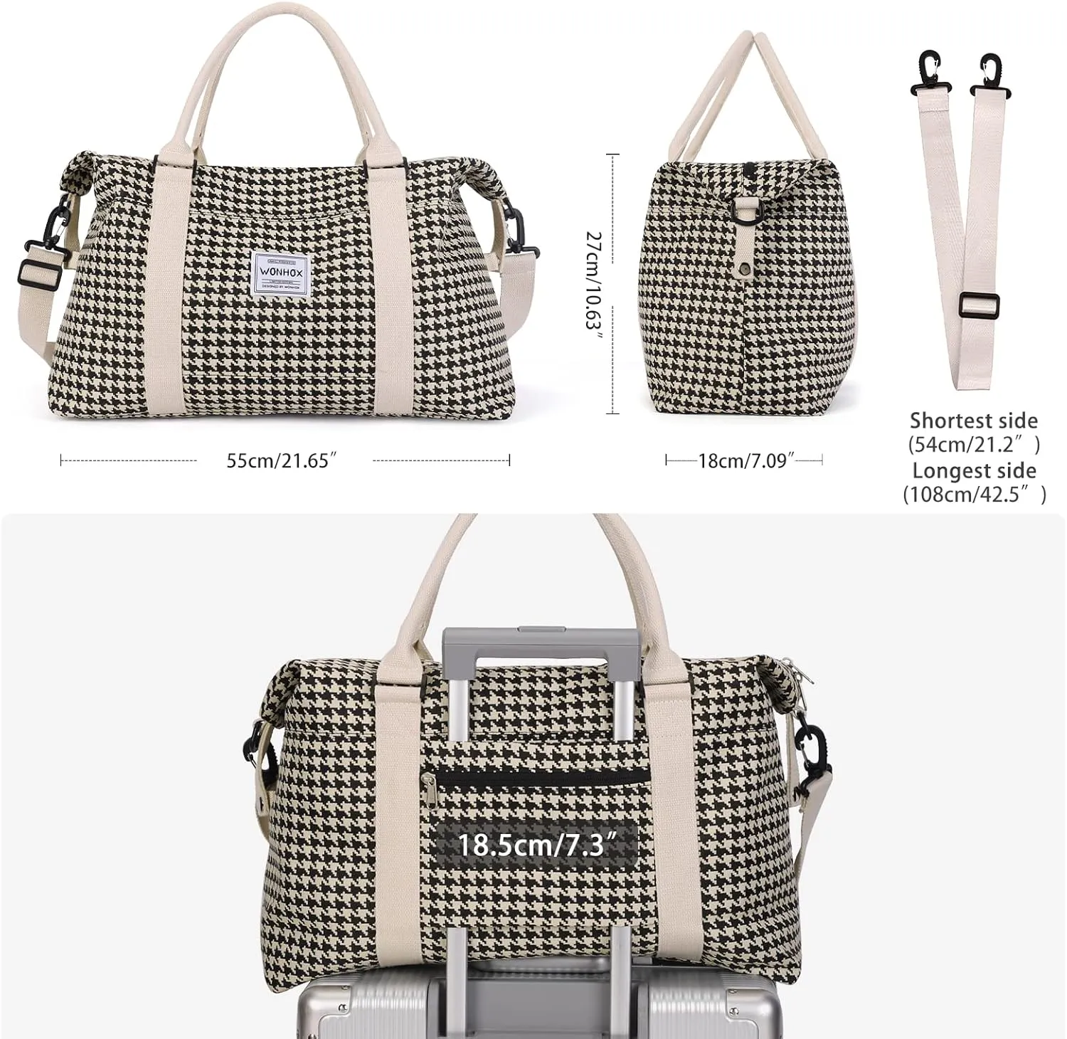 Travel Duffel Bag,Waterproof Duffel Gym Tote Bag Personal Item Bag,Large Sports Weekender Carry On Overnight Bags for Women with Wet Pocket,Duffel Hospital Bag,Houndstooth Beige