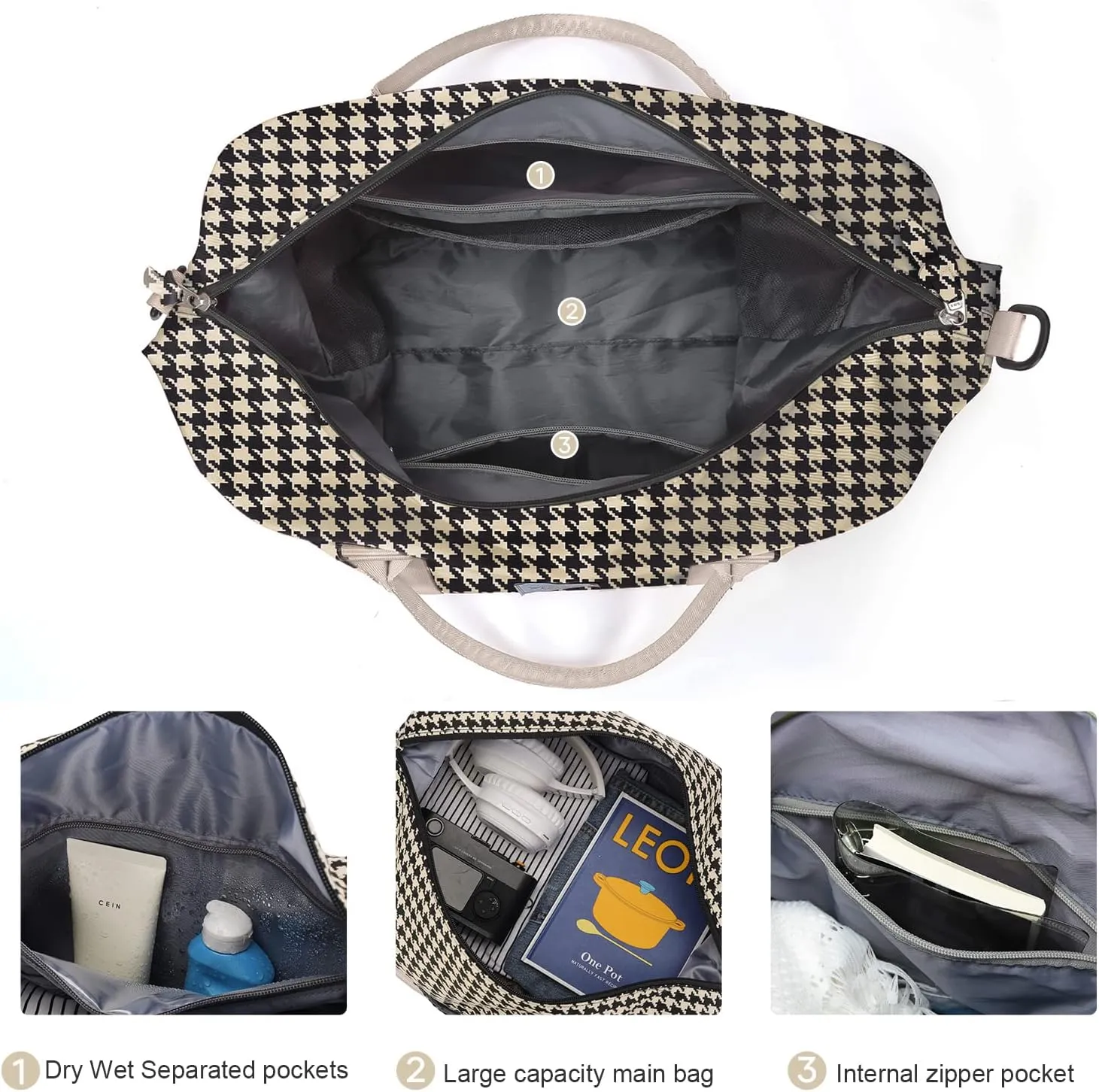 Travel Duffel Bag,Waterproof Duffel Gym Tote Bag Personal Item Bag,Large Sports Weekender Carry On Overnight Bags for Women with Wet Pocket,Duffel Hospital Bag,Houndstooth Beige