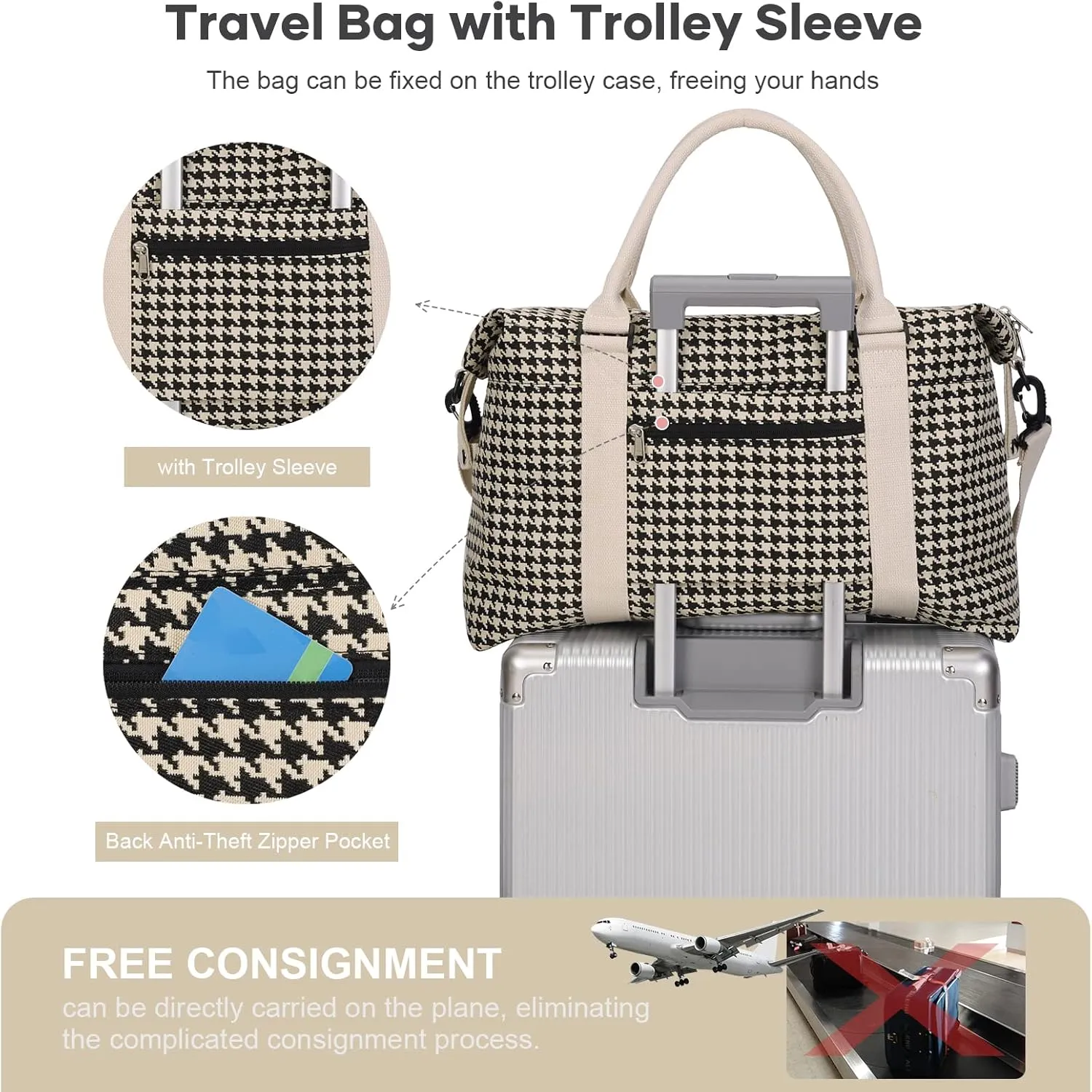 Travel Duffel Bag,Waterproof Duffel Gym Tote Bag Personal Item Bag,Large Sports Weekender Carry On Overnight Bags for Women with Wet Pocket,Duffel Hospital Bag,Houndstooth Beige