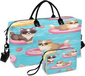 Travel Duffle Bag, Cat on Swimming Ring Gym Bag with Storage Bag Weekender Overnight Bag for Men Women Trip Sports Yoga