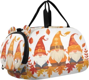 Travel Duffle Bag for Kids Boys Girls Autumn Maple Leaf Traditional Gnome Sports Bag Overnighter Duffle Sleepover Weekender with Shoes Compartment