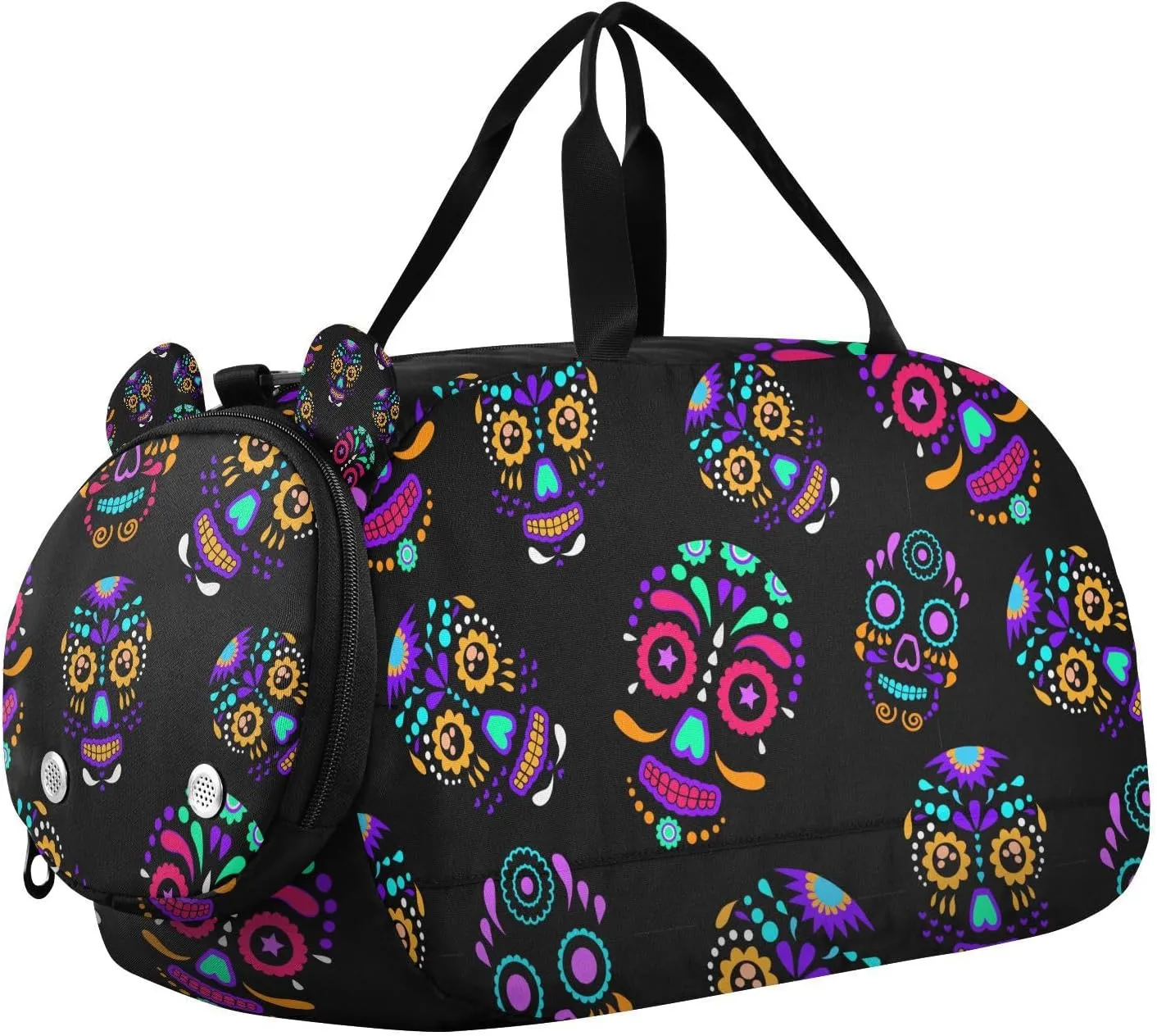 Travel Duffle Bag for Kids Boys Girls Colorful Sugar Skull Floral Sports Bag Overnighter Duffle Sleepover Weekender with Shoes Compartment