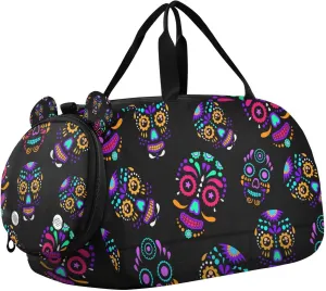 Travel Duffle Bag for Kids Boys Girls Colorful Sugar Skull Floral Sports Bag Overnighter Duffle Sleepover Weekender with Shoes Compartment