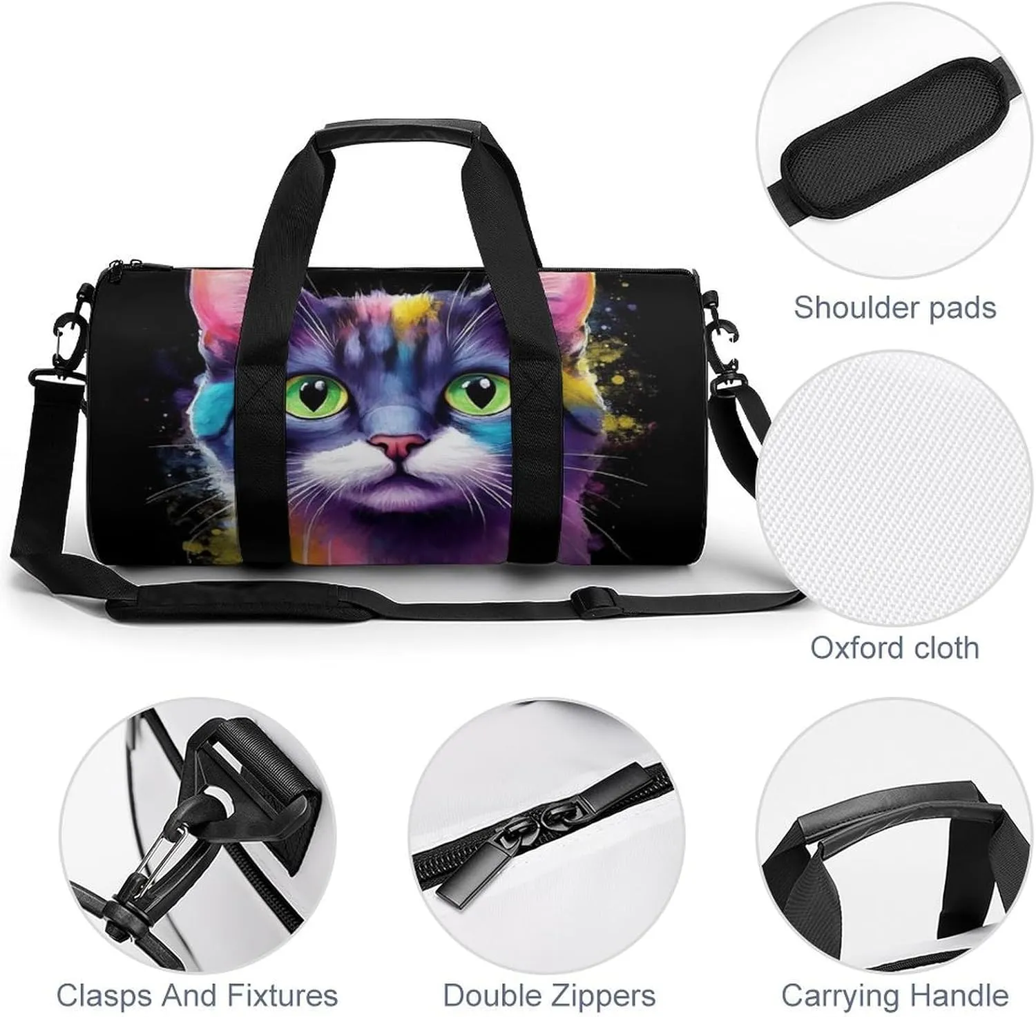 Travel Duffle Gym Bag for Men, Portable Outdoor Overnight Weekender Bag Abstract Kitten Cat Art Sport Handbag with Shoulder Strap