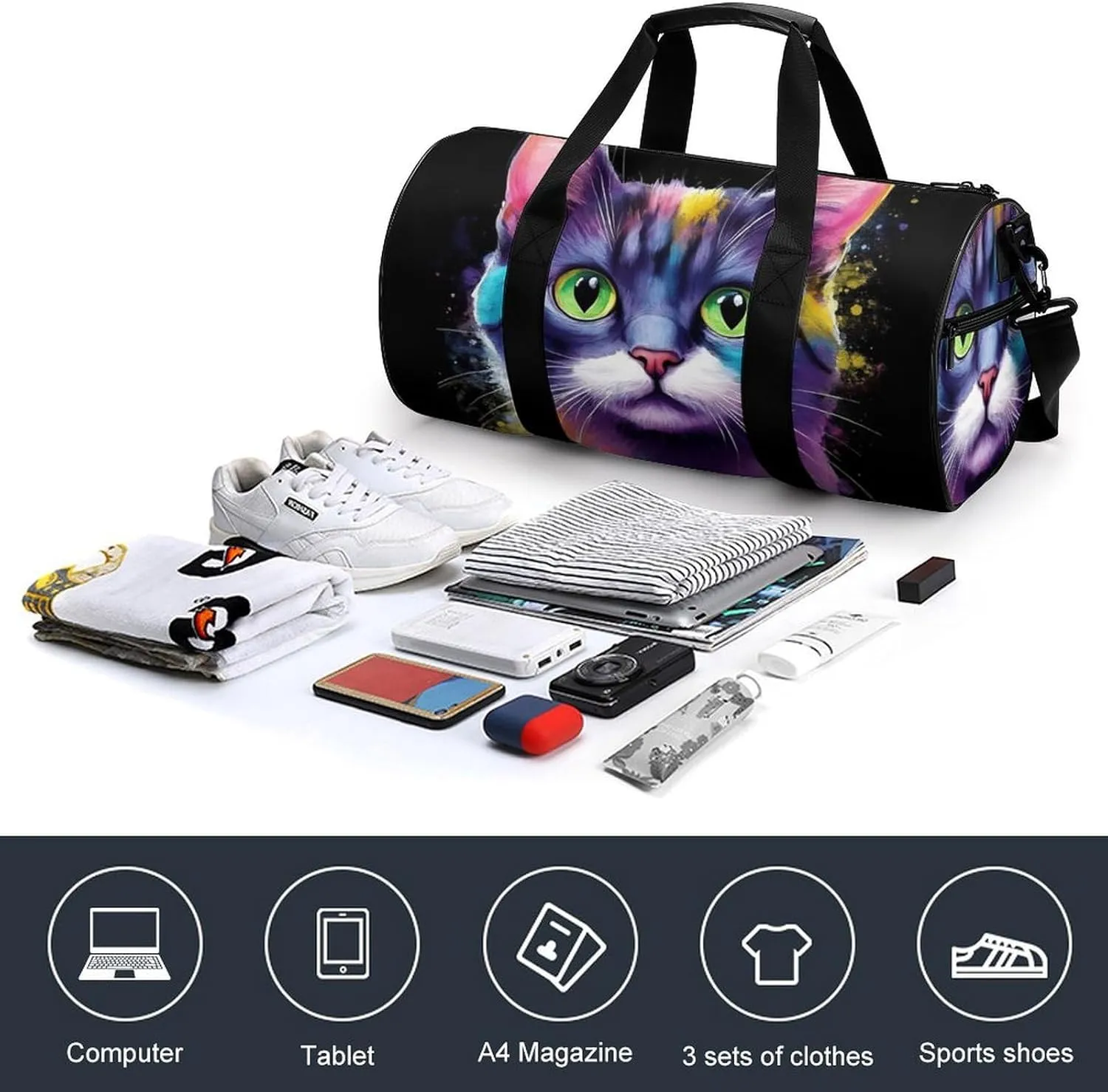 Travel Duffle Gym Bag for Men, Portable Outdoor Overnight Weekender Bag Abstract Kitten Cat Art Sport Handbag with Shoulder Strap