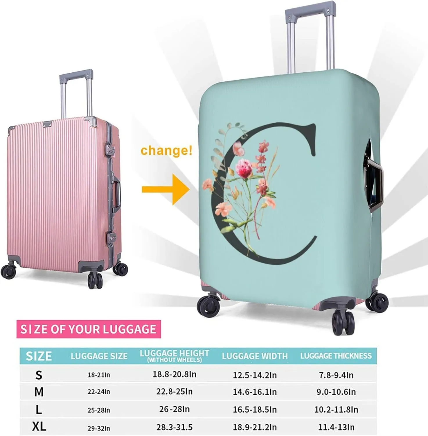 Travel Luggage Cover Spandex Blue Suitcase Protector Bag,Black Letter C Boho Floral Flowers Leaves Anti-Scratch Washable Baggage Covers For Wheeled Suitcase Kid Adult,Xl (For 29-32 Inch Luggage)