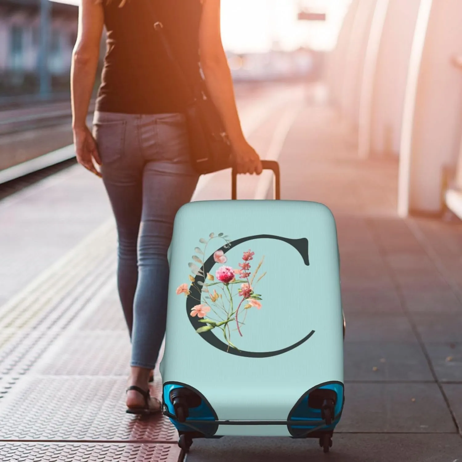 Travel Luggage Cover Spandex Blue Suitcase Protector Bag,Black Letter C Boho Floral Flowers Leaves Anti-Scratch Washable Baggage Covers For Wheeled Suitcase Kid Adult,Xl (For 29-32 Inch Luggage)
