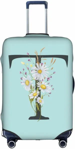Travel Luggage Cover Spandex Blue Suitcase Protector Bag,Black Letter T Boho Floral Flowers Leaves Anti-Scratch Washable Baggage Covers For Wheeled Suitcase Kid Adult,L (For 25-28 Inch Luggage)