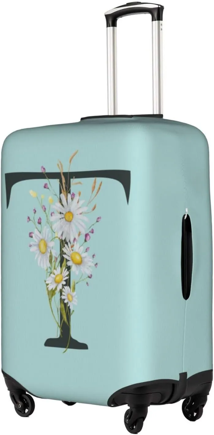 Travel Luggage Cover Spandex Blue Suitcase Protector Bag,Black Letter T Boho Floral Flowers Leaves Anti-Scratch Washable Baggage Covers For Wheeled Suitcase Kid Adult,L (For 25-28 Inch Luggage)