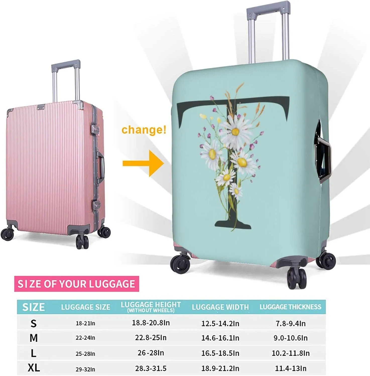 Travel Luggage Cover Spandex Blue Suitcase Protector Bag,Black Letter T Boho Floral Flowers Leaves Anti-Scratch Washable Baggage Covers For Wheeled Suitcase Kid Adult,L (For 25-28 Inch Luggage)