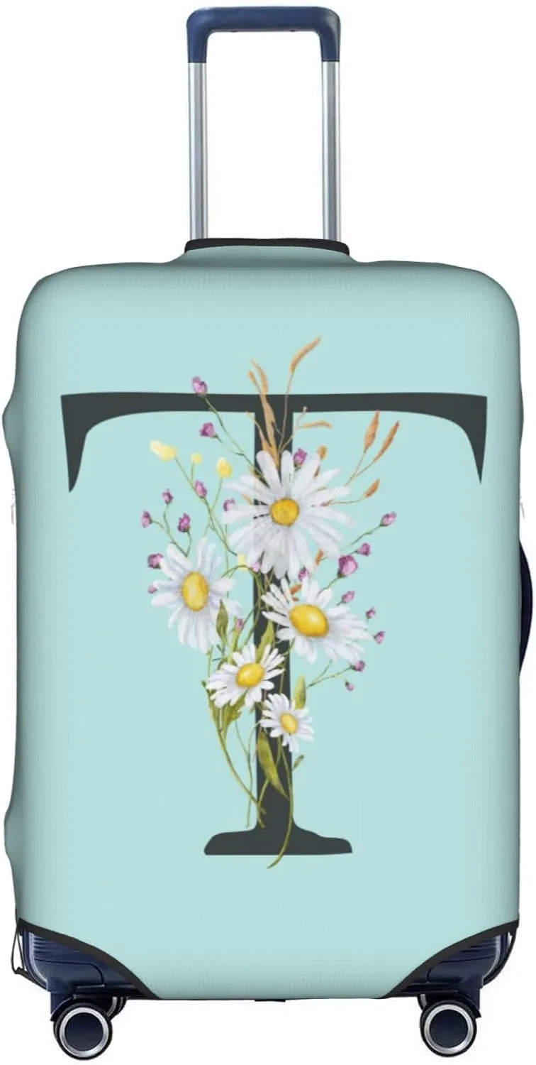 Travel Luggage Cover Spandex Blue Suitcase Protector Bag,Black Letter T Boho Floral Flowers Leaves Anti-Scratch Washable Baggage Covers For Wheeled Suitcase Kid Adult,L (For 25-28 Inch Luggage)