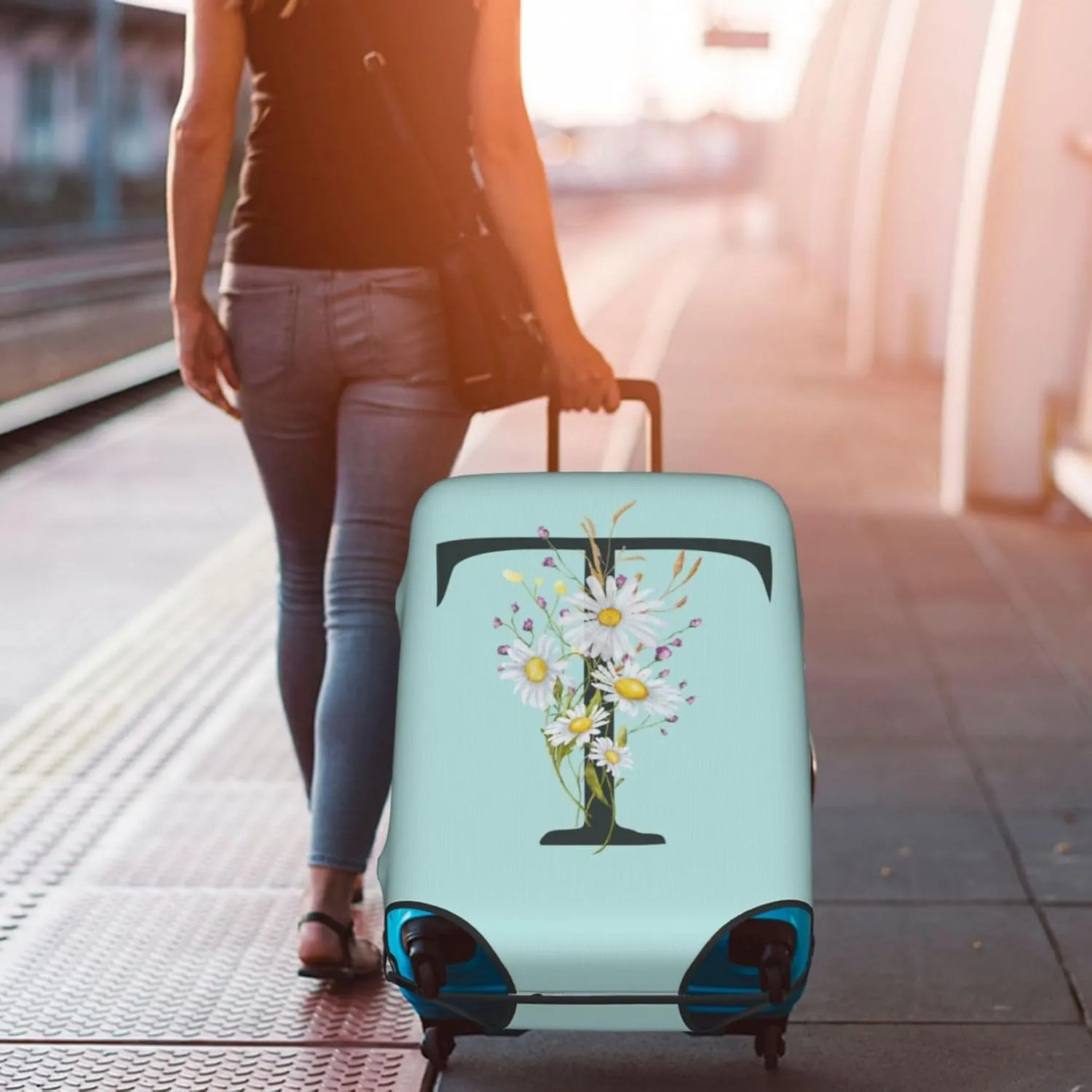 Travel Luggage Cover Spandex Blue Suitcase Protector Bag,Black Letter T Boho Floral Flowers Leaves Anti-Scratch Washable Baggage Covers For Wheeled Suitcase Kid Adult,L (For 25-28 Inch Luggage)