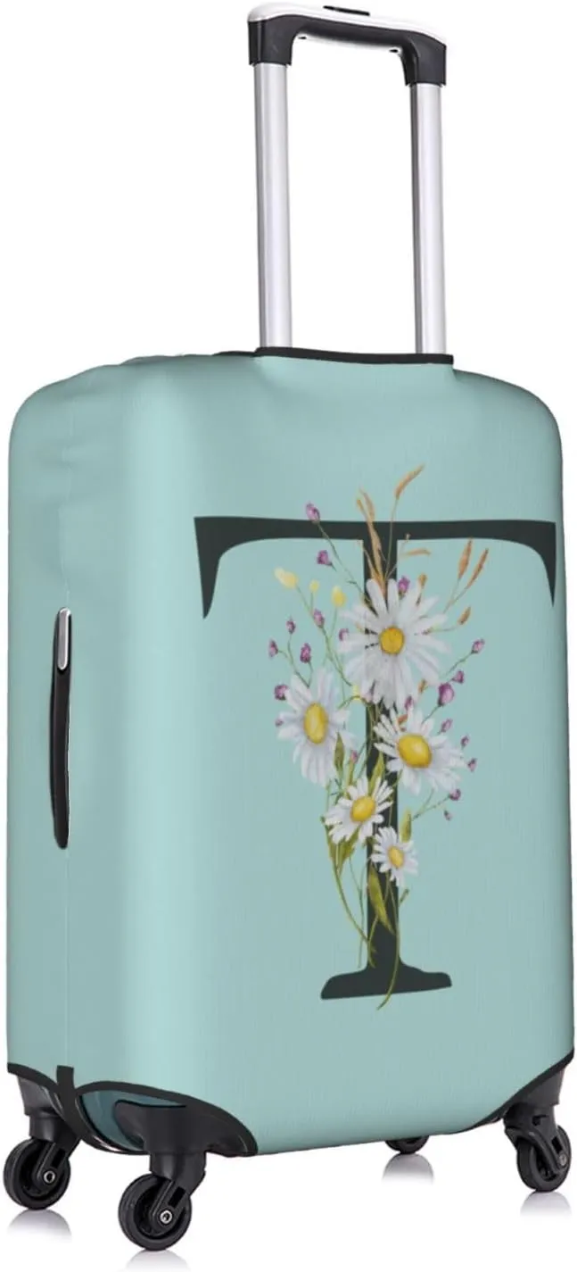 Travel Luggage Cover Spandex Blue Suitcase Protector Bag,Black Letter T Boho Floral Flowers Leaves Anti-Scratch Washable Baggage Covers For Wheeled Suitcase Kid Adult,L (For 25-28 Inch Luggage)