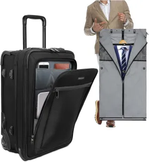 Travel Suitcase with Wheels, Soft Sided Luggage with Built in Garment Bag & Front Laptop Compartment, 22 Inch Rolling Suitcase for Business Travel, Jet Black