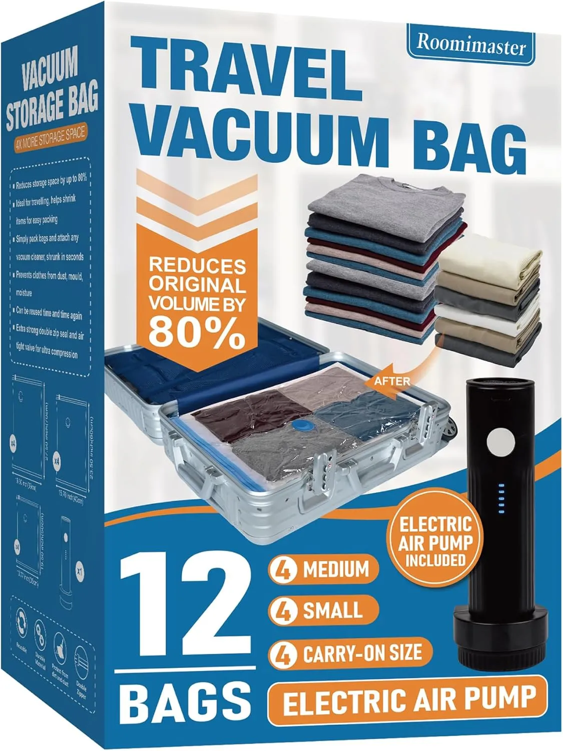 Travel Vacuum Storage Bags with Electric Pump, 12 Combo Travel Packing Bags for Luggage and Suitcase, Carry-on Size Compression Space Saver for Clothes and Clothing