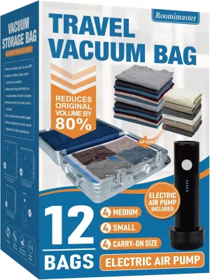 Travel Vacuum Storage Bags with Electric Pump, 12 Combo Travel Packing Bags for Luggage and Suitcase, Carry-on Size Compression Space Saver for Clothes and Clothing