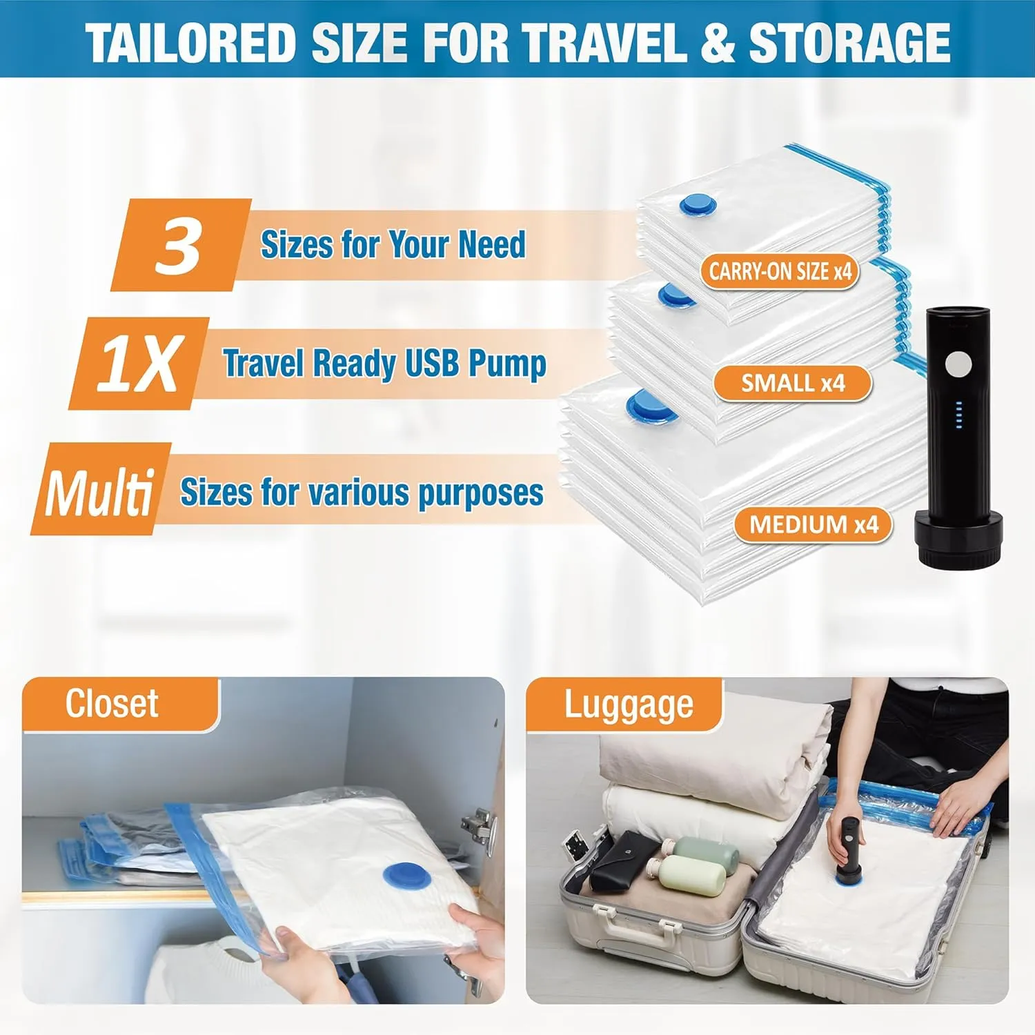 Travel Vacuum Storage Bags with Electric Pump, 12 Combo Travel Packing Bags for Luggage and Suitcase, Carry-on Size Compression Space Saver for Clothes and Clothing
