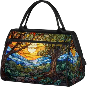 Tree Sunrise Painting Gym Bag for Women Men, Travel Sports Duffel Bag with Trolley Sleeve, Waterproof Sports Gym Bag Weekender Overnight Bag Carry On Tote Bag for Travel Gym Sport