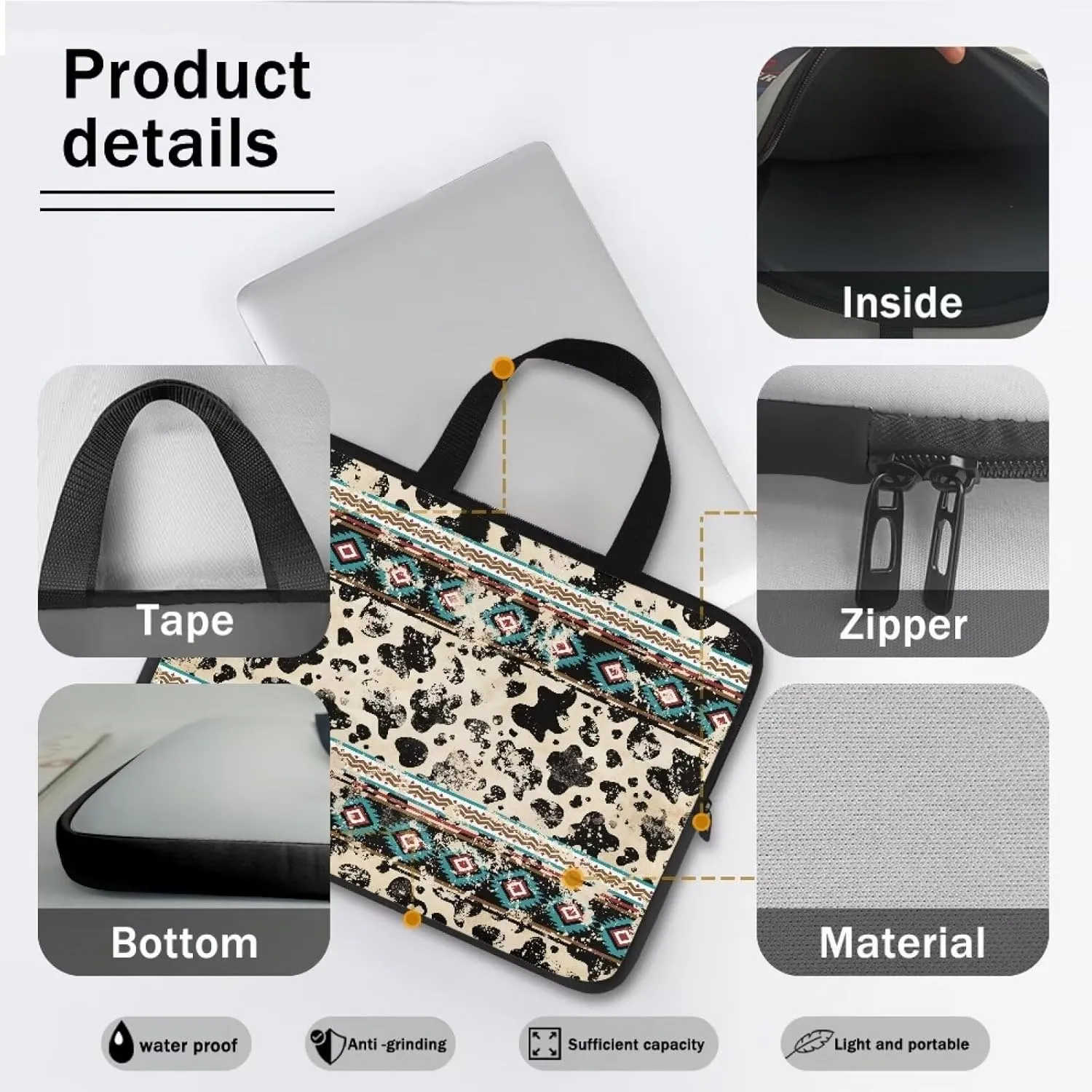 Tribal Cow Pattern Laptop Sleeve, 10-17 Inch Kids Tablet Portable Neoprene Zipper Carrying Sleeve Case Bag Computer Tablet Handbag Case Notebook Messenger Briefcase for Travel/Business