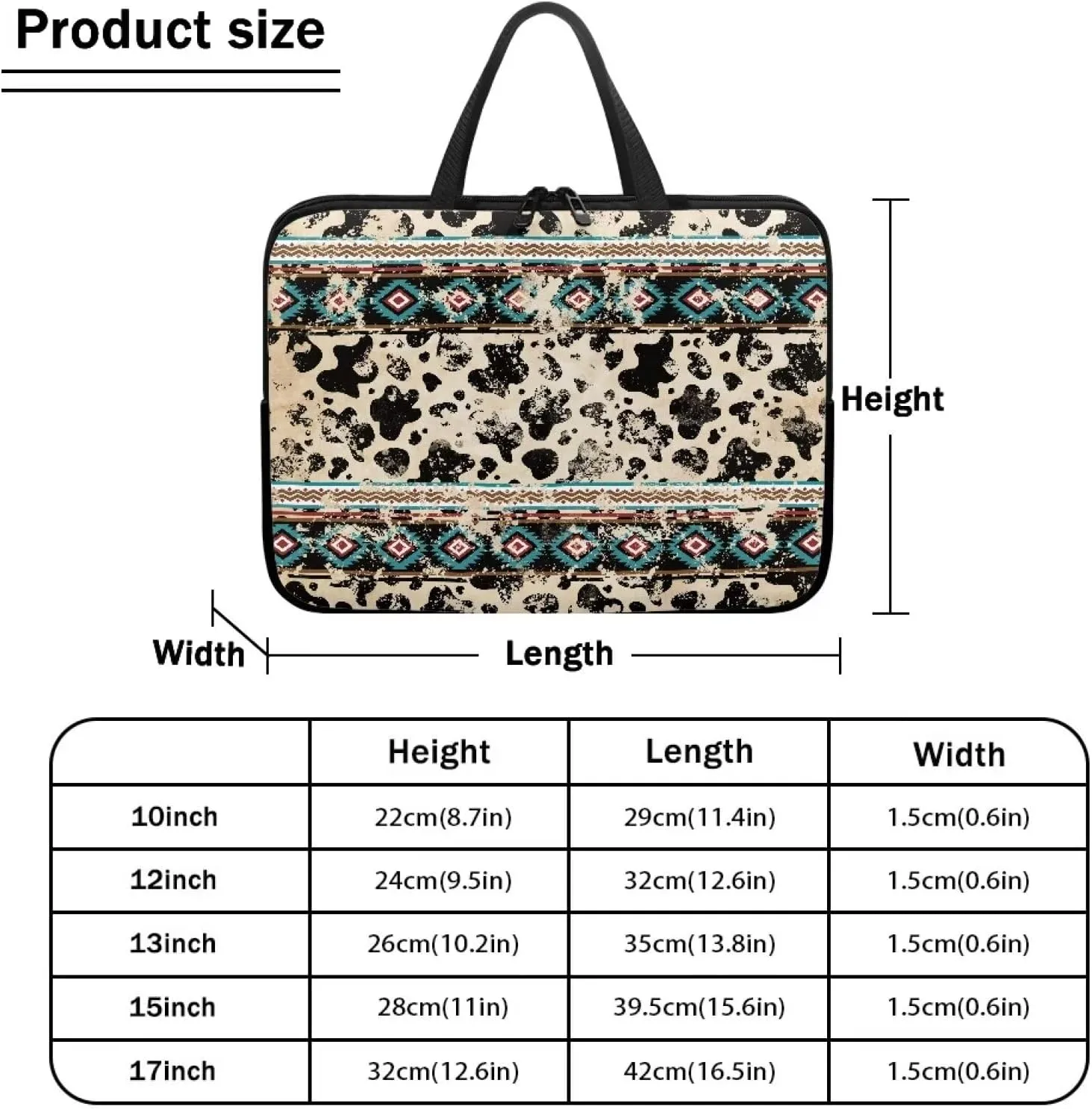 Tribal Cow Pattern Laptop Sleeve, 10-17 Inch Kids Tablet Portable Neoprene Zipper Carrying Sleeve Case Bag Computer Tablet Handbag Case Notebook Messenger Briefcase for Travel/Business