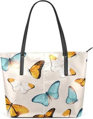 Tropic Butterfly Tote Bag for Women Leather Shoulder Handbag with Zipper and Pockets Fashion Casual Handle Bag Purse for Travel Beach Working Laptop School Gym Shopping