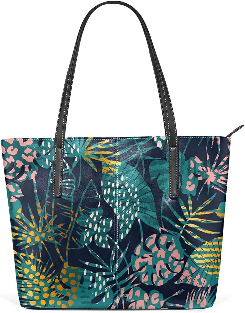 Tropic Leaves Tote Bag for Women Leather Shoulder Handbag with Zipper and Pockets Fashion Casual Handle Bag Purse for Travel Beach Working Laptop School Gym Shopping