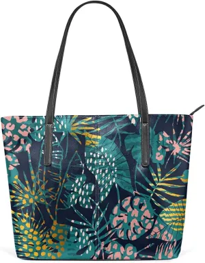Tropic Leaves Tote Bag for Women Leather Shoulder Handbag with Zipper and Pockets Fashion Casual Handle Bag Purse for Travel Beach Working Laptop School Gym Shopping
