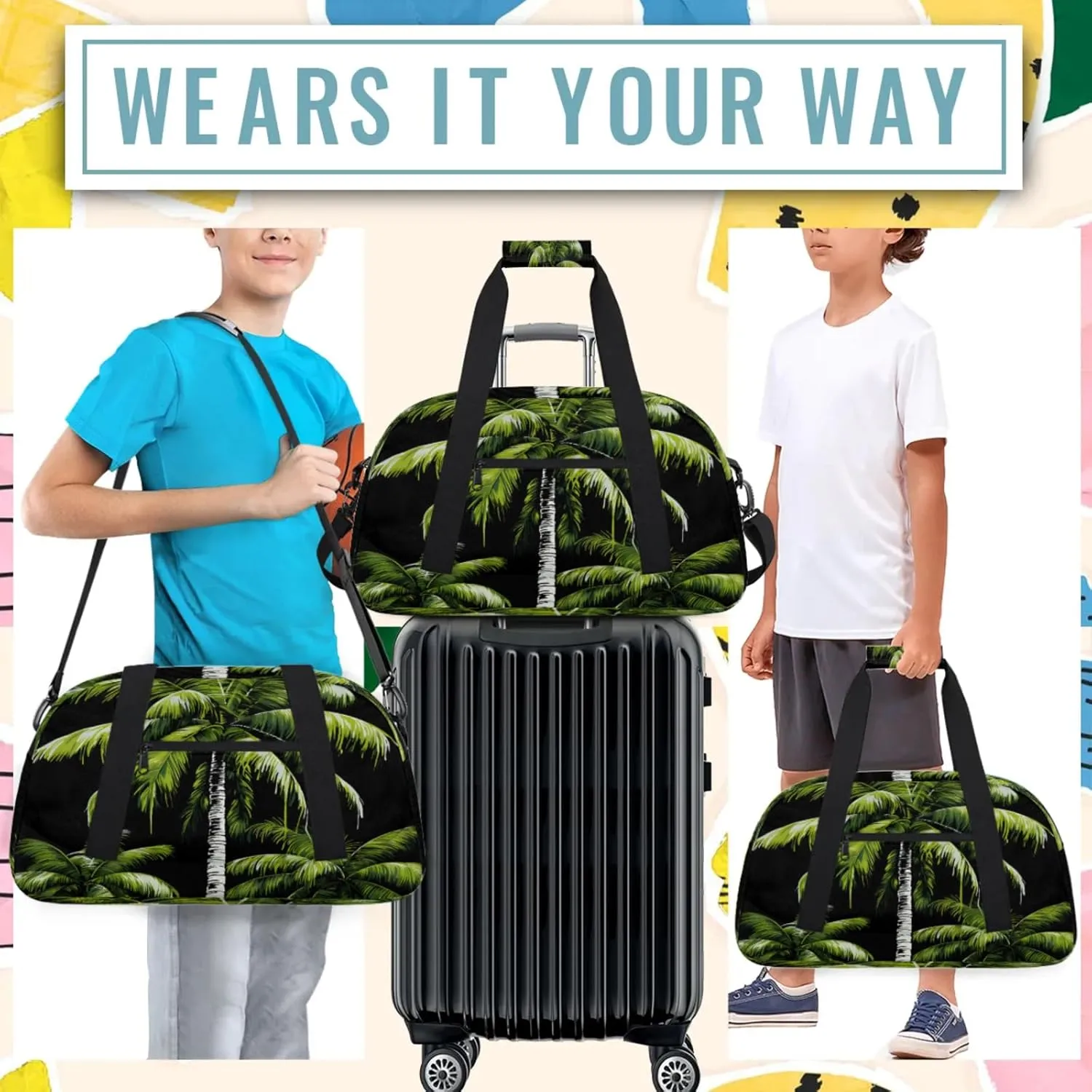 Tropical Plants Beach Palm Trees Small Gym Bag 18 inch Carry On Duffel Bag for Weekender Travel Sports Workout Yoga Gymnastics Dance Ballet