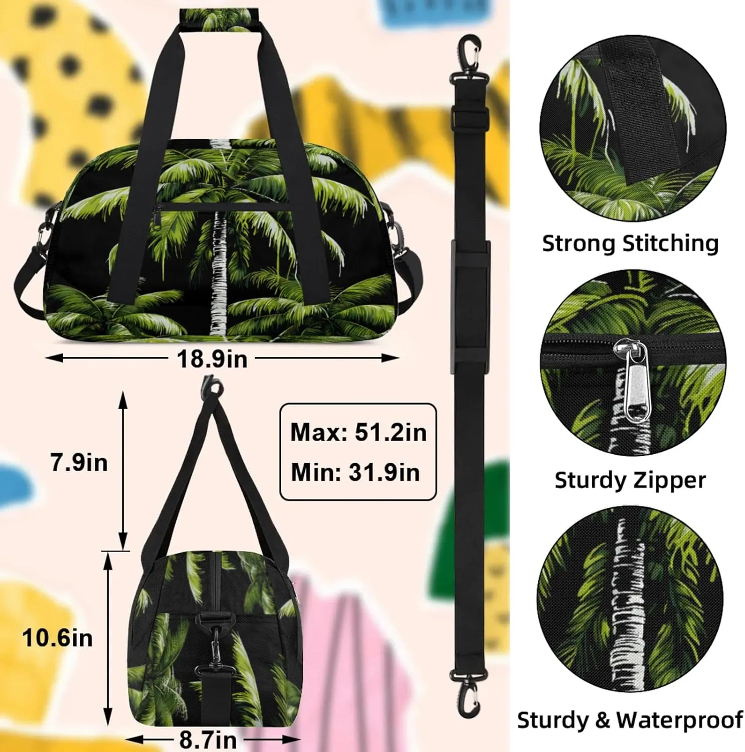 Tropical Plants Beach Palm Trees Small Gym Bag 18 inch Carry On Duffel Bag for Weekender Travel Sports Workout Yoga Gymnastics Dance Ballet
