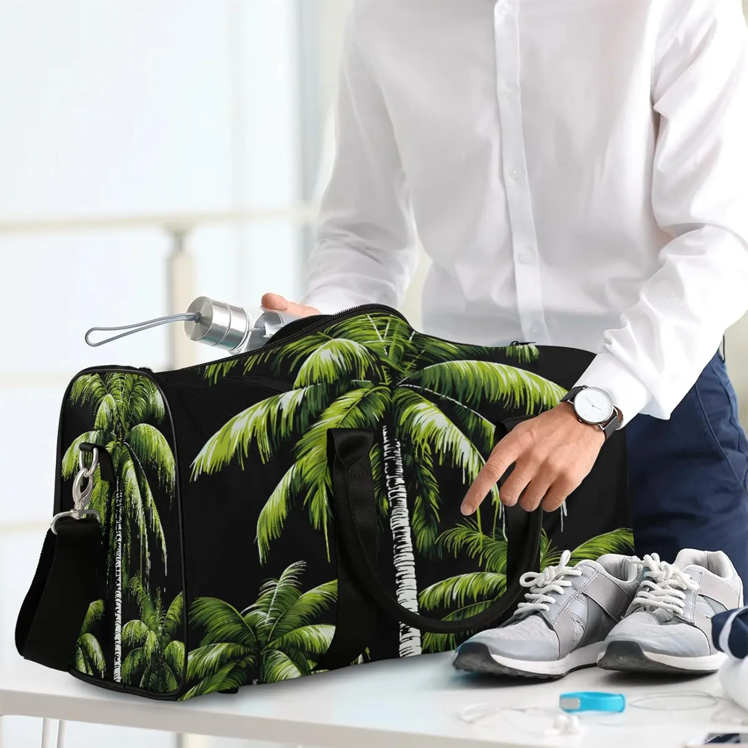 Tropical Plants Beach Palm Trees Travel Duffle Bag, Sports Gym Bags for Women Men, Carry On Weekender Overnight Workout Airplane Trips Bag