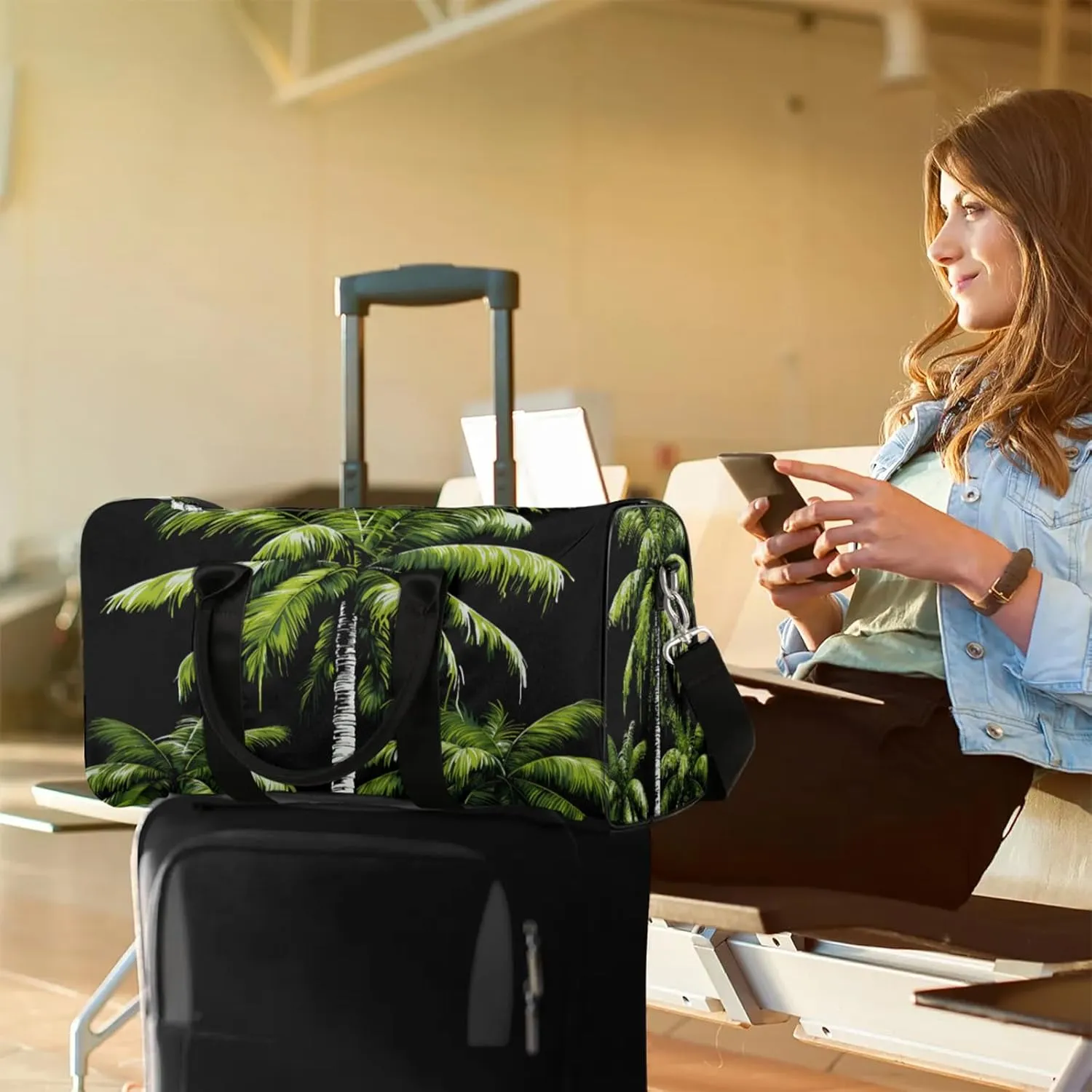 Tropical Plants Beach Palm Trees Travel Duffle Bag, Sports Gym Bags for Women Men, Carry On Weekender Overnight Workout Airplane Trips Bag