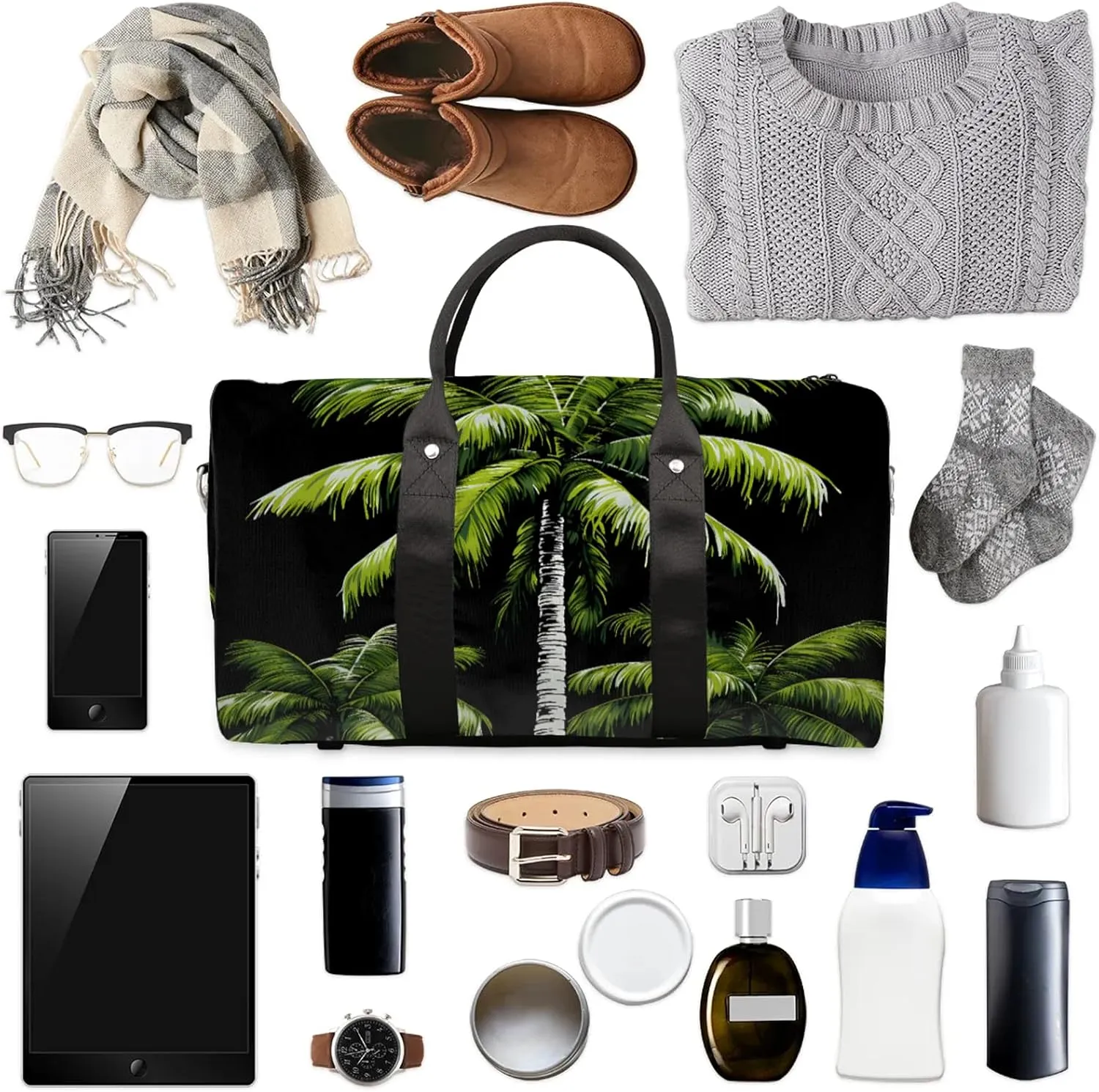 Tropical Plants Beach Palm Trees Travel Duffle Bag, Sports Gym Bags for Women Men, Carry On Weekender Overnight Workout Airplane Trips Bag