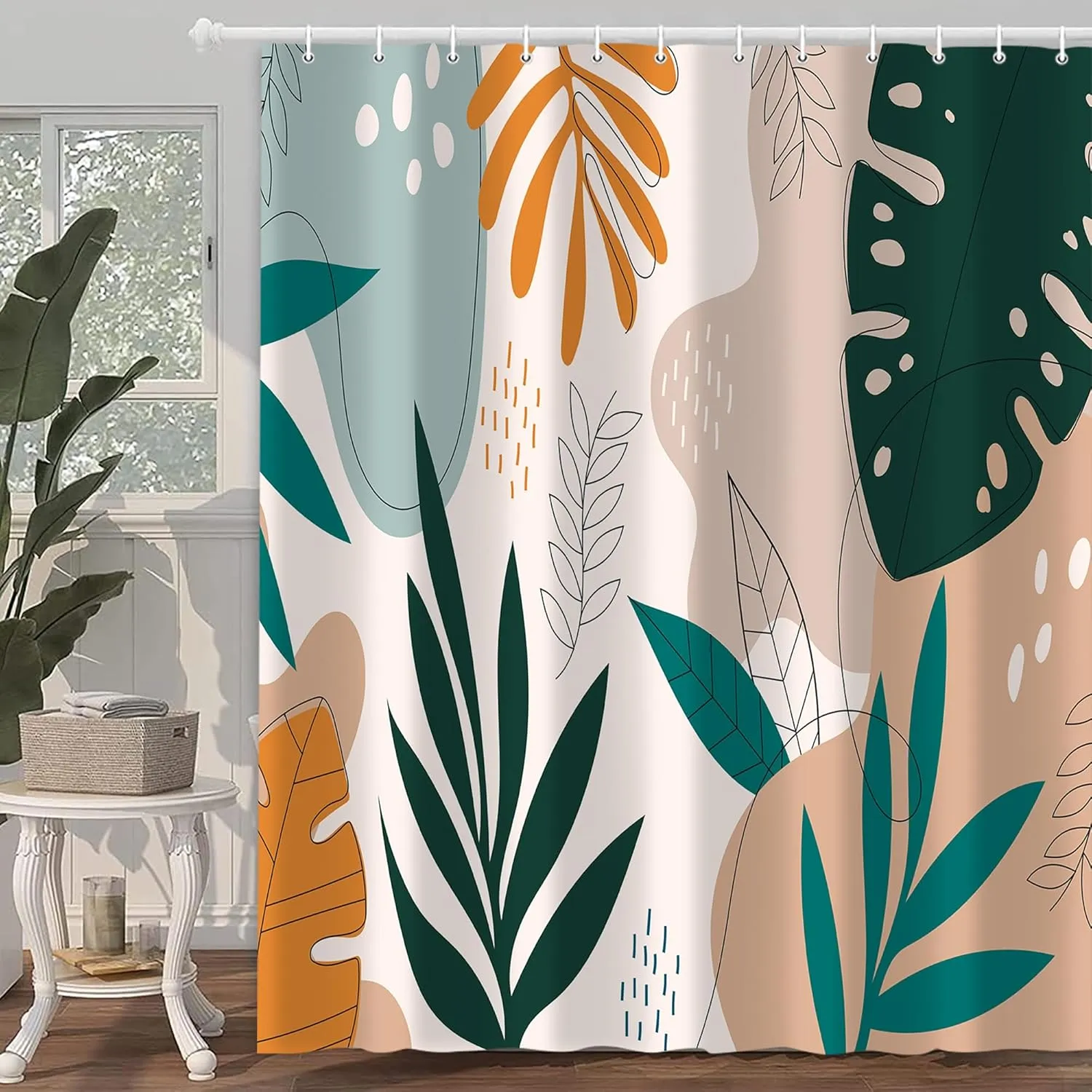 Tropical Shower Curtain, Bohemia Mid-Century Tropical Green Leaves Plant Bathroom Curtain, Abstract Modern Boho Polyester Waterproof Bath Curtian Accessory Set 12 Hooks 72x72 inch