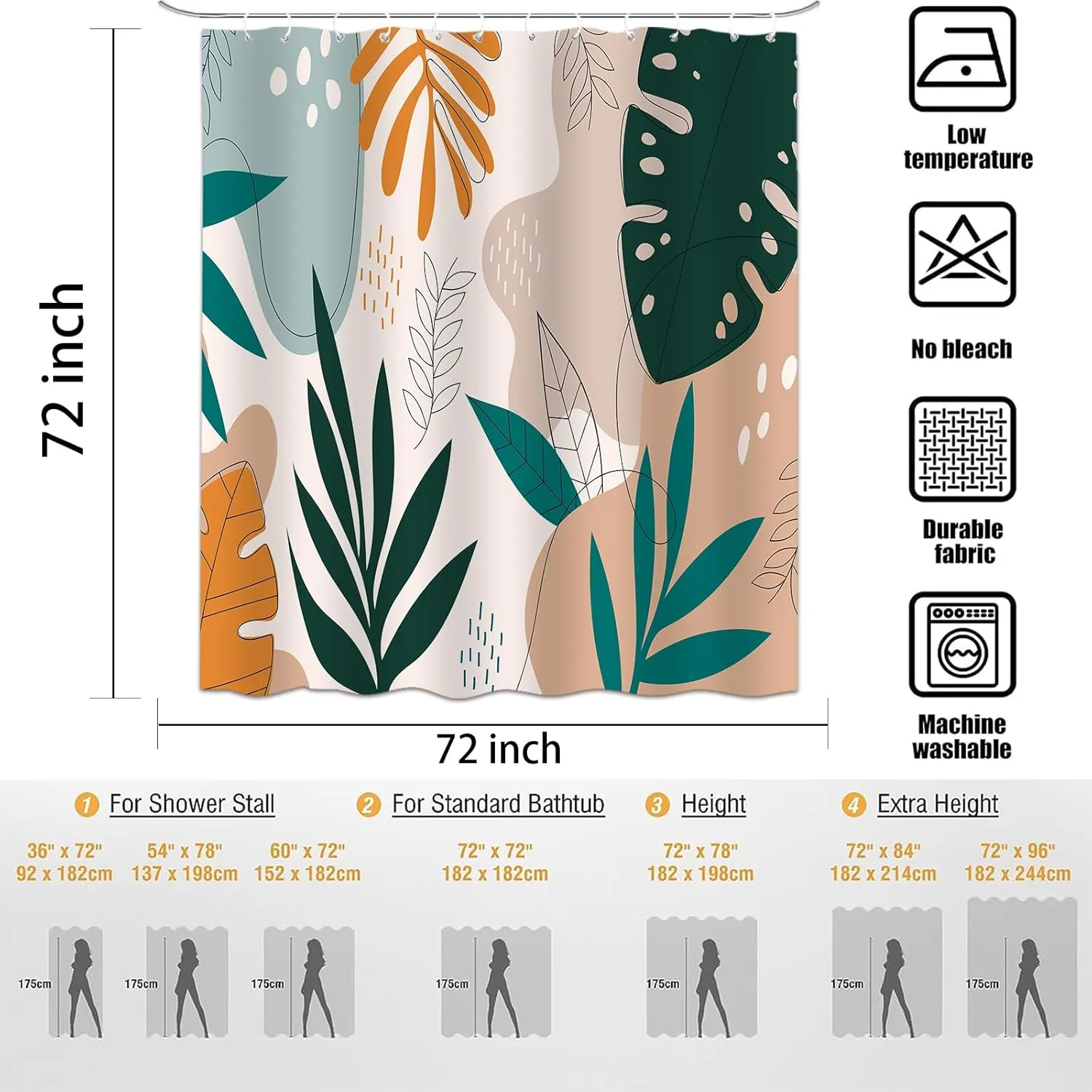 Tropical Shower Curtain, Bohemia Mid-Century Tropical Green Leaves Plant Bathroom Curtain, Abstract Modern Boho Polyester Waterproof Bath Curtian Accessory Set 12 Hooks 72x72 inch
