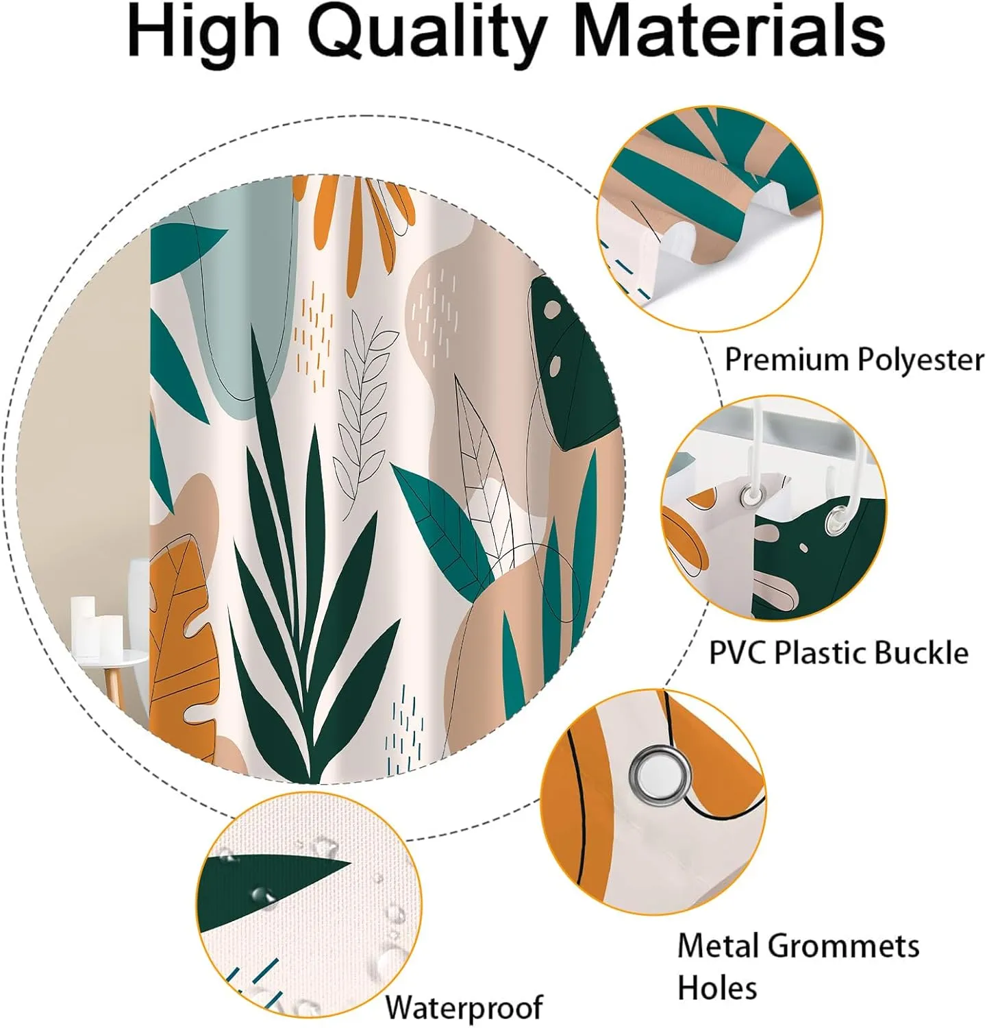 Tropical Shower Curtain, Bohemia Mid-Century Tropical Green Leaves Plant Bathroom Curtain, Abstract Modern Boho Polyester Waterproof Bath Curtian Accessory Set 12 Hooks 72x72 inch
