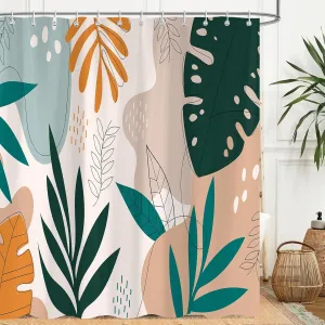 Tropical Shower Curtain, Bohemia Mid-Century Tropical Green Leaves Plant Bathroom Curtain, Abstract Modern Boho Polyester Waterproof Bath Curtian Accessory Set 12 Hooks 72x72 inch