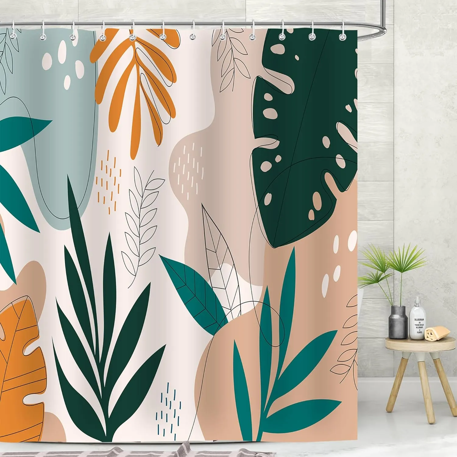 Tropical Shower Curtain, Bohemia Mid-Century Tropical Green Leaves Plant Bathroom Curtain, Abstract Modern Boho Polyester Waterproof Bath Curtian Accessory Set 12 Hooks 72x72 inch