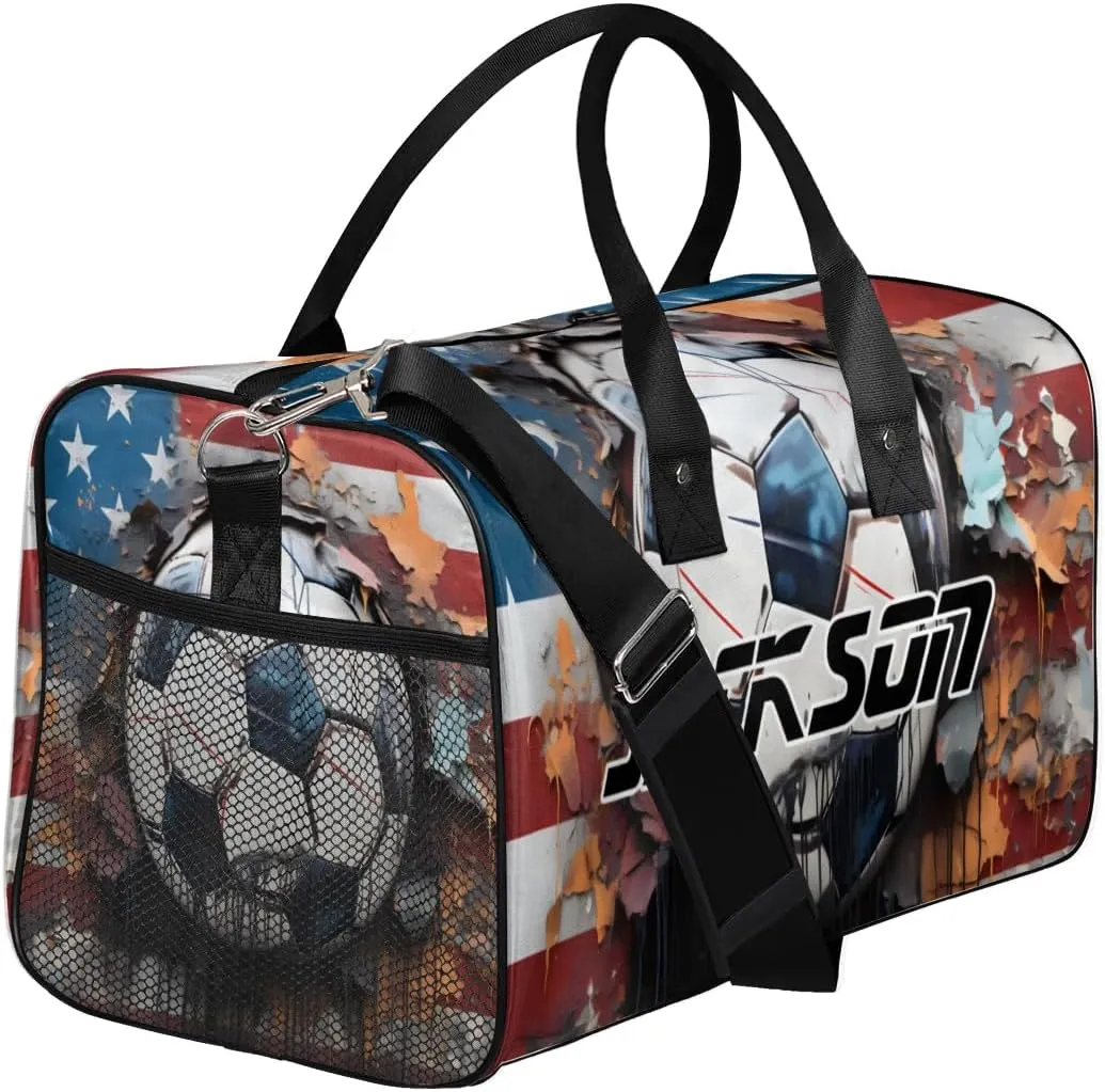 TropicalLife Personalized American Flag Football Duffel Bag Custom Name Gym Bags Carry On Travel Bag Weekender Overnight Bag for Women Men,