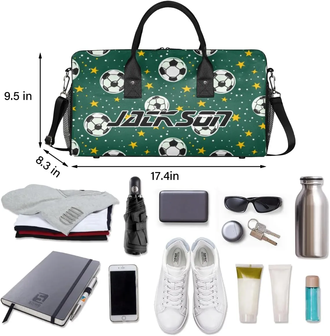 TropicalLife Personalized Green Soccer Stars Duffel Bag Custom Name Gym Bags Carry On Travel Bag Weekender Overnight Bag for Women Men,
