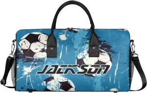 TropicalLife Personalized Soccer Ball Blue Duffel Bag Custom Name Gym Bags Carry On Travel Bag Weekender Overnight Bag for Women Men,
