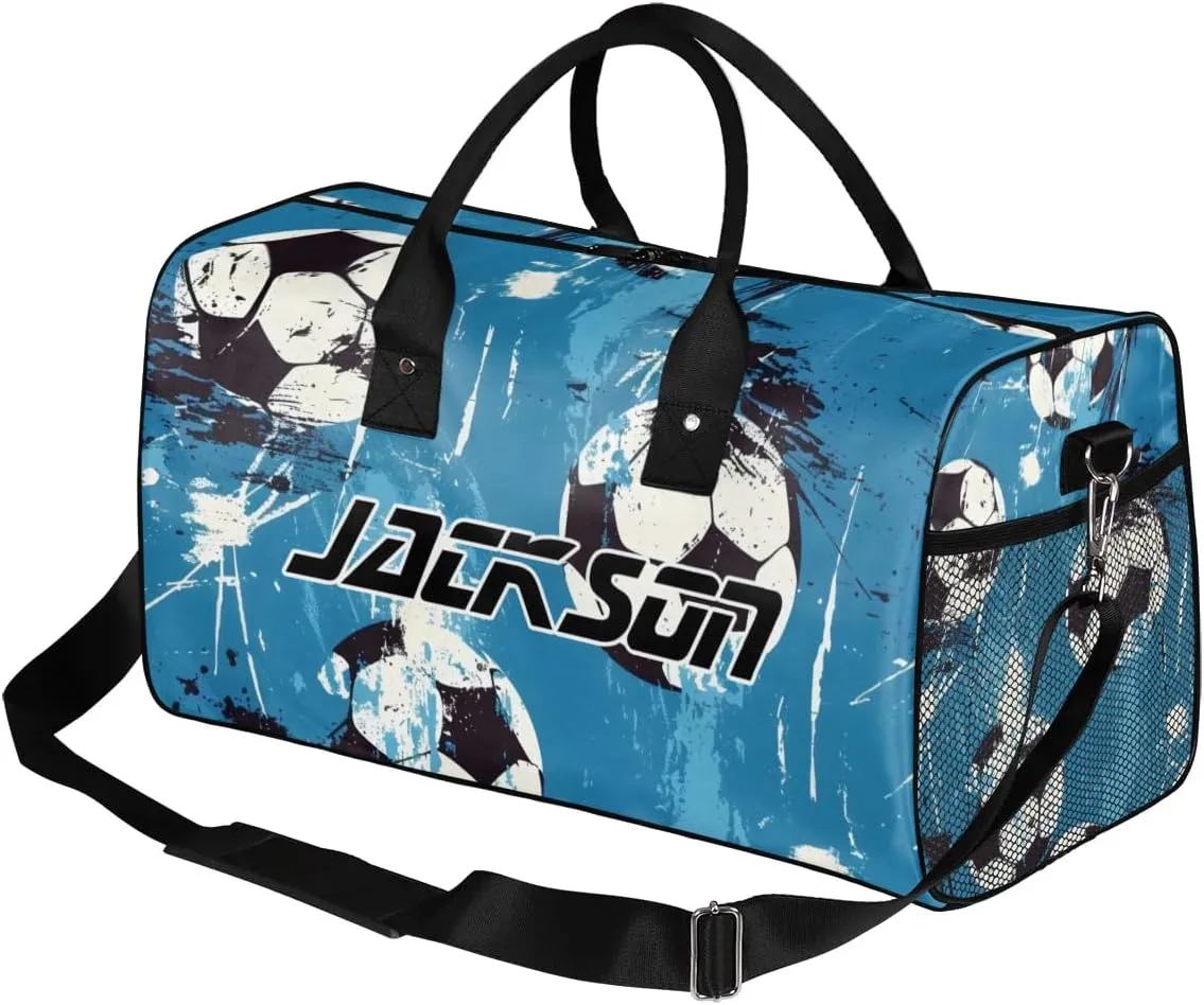 TropicalLife Personalized Soccer Ball Blue Duffel Bag Custom Name Gym Bags Carry On Travel Bag Weekender Overnight Bag for Women Men,